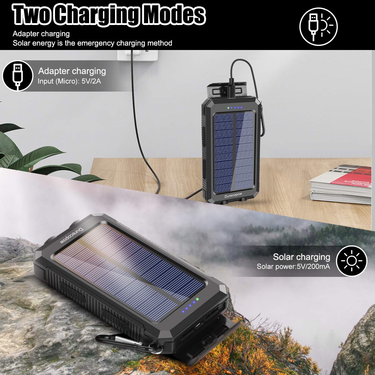 Solar Charger, 20000Mah Portable Outdoor Waterproof Solar Power Bank, Camping External Backup Battery Pack Dual 5V Usb Ports Out