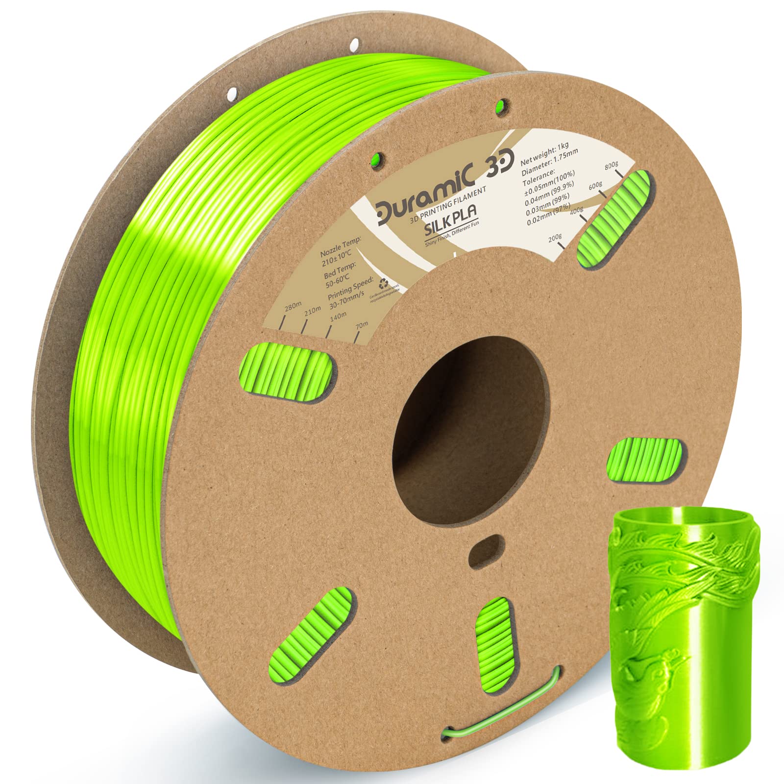 DURAMIC 3D Shiny Silk PLA Filament 1.75mm Shiny Metallic PLA Filament Dimensional Accuracy +/- 0.05 mm Neon Green