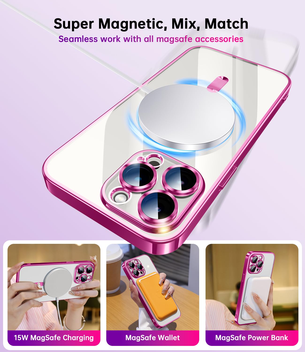 Waldeng For Iphone 15 Pro Max Case With Integrated Camera Lens Protection, [Seamless Work With Magsafe] [Metallic Glossy Soft Bu