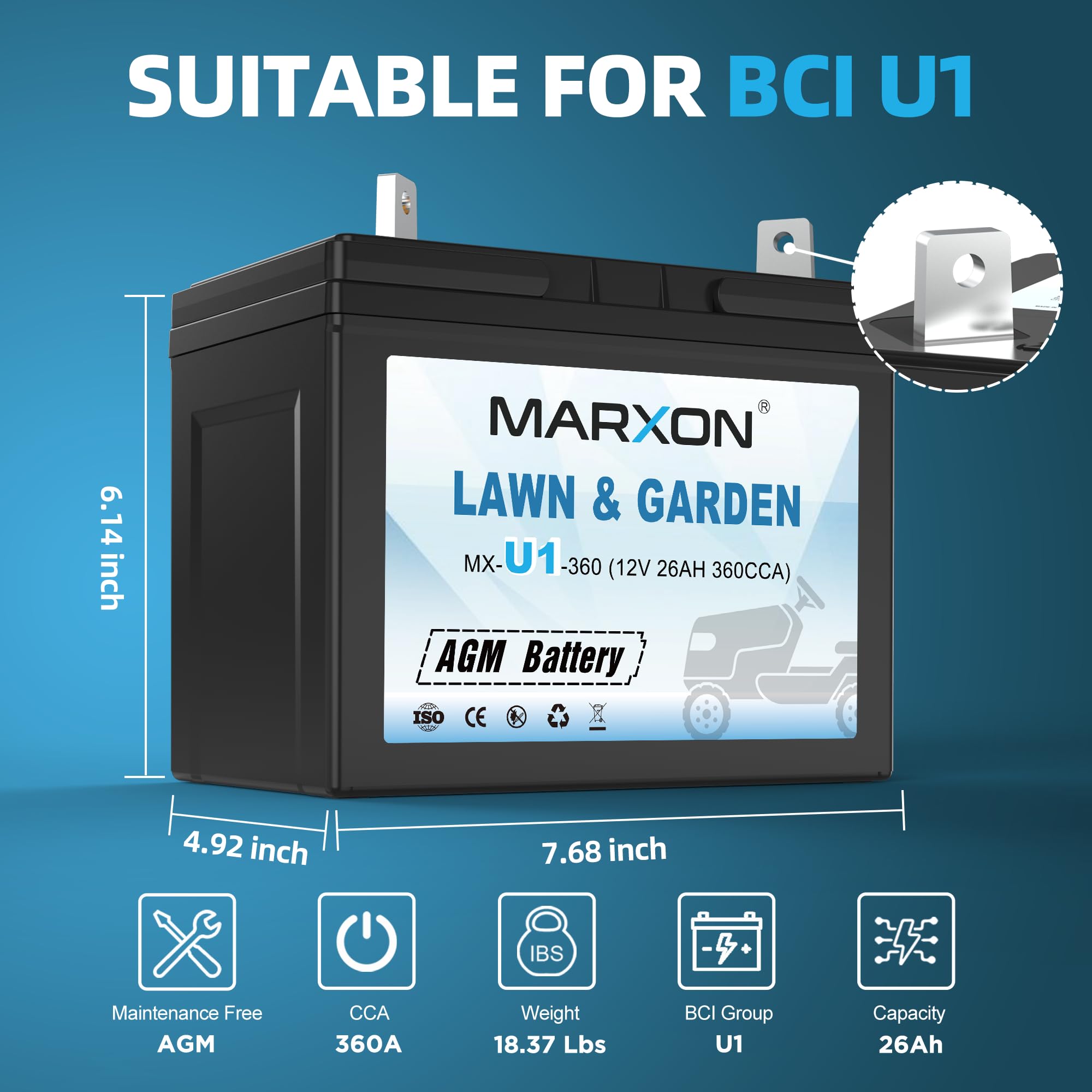 Marxon U1 360Cca Riding Lawn Mower Batteries, Garden Tractors Battery Maintenance Free Agm Battery, Compatible With Troy-Bilt, T