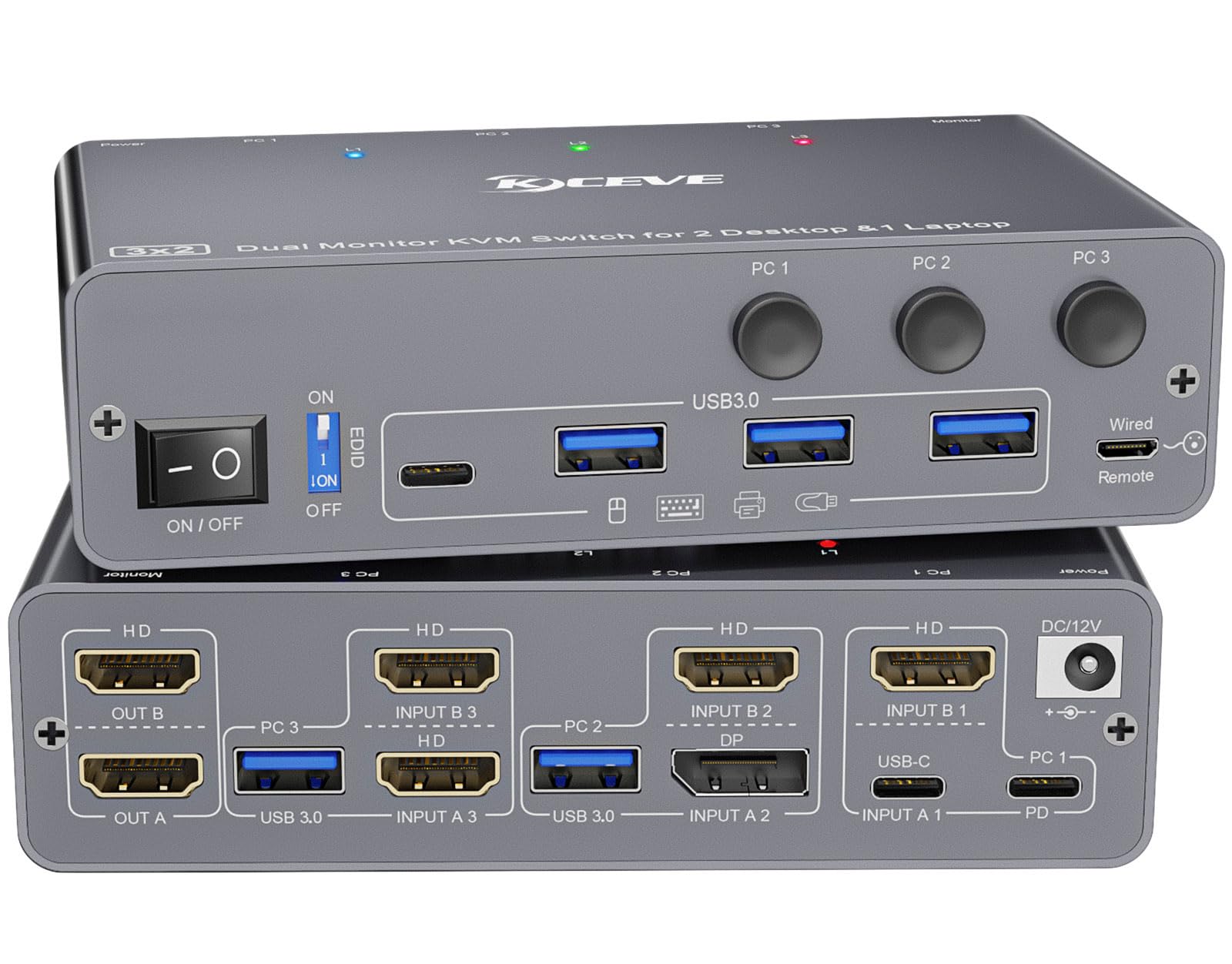 KCEVE KVM Switch 2 Monitors 3 Computers USB C HDMI DP, EDID, USB 3.0 KVM Switch Dual Monitor HDMI for 1 Laptops 2 Desktop Share 
