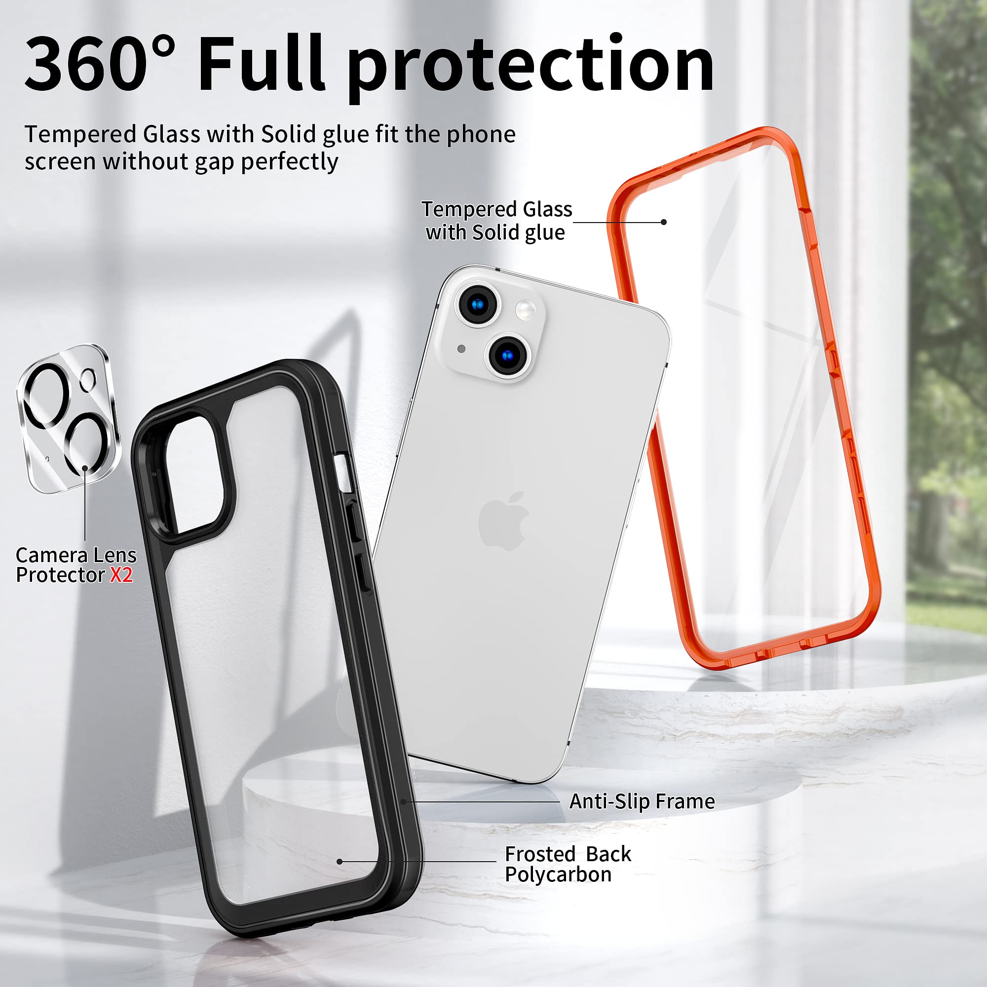 ZQE iPhone 13 6.1" All-in-One Phone Case with Built-in 9H Tempered Glass Screen & Camera Lens Protector TPU Black Orange