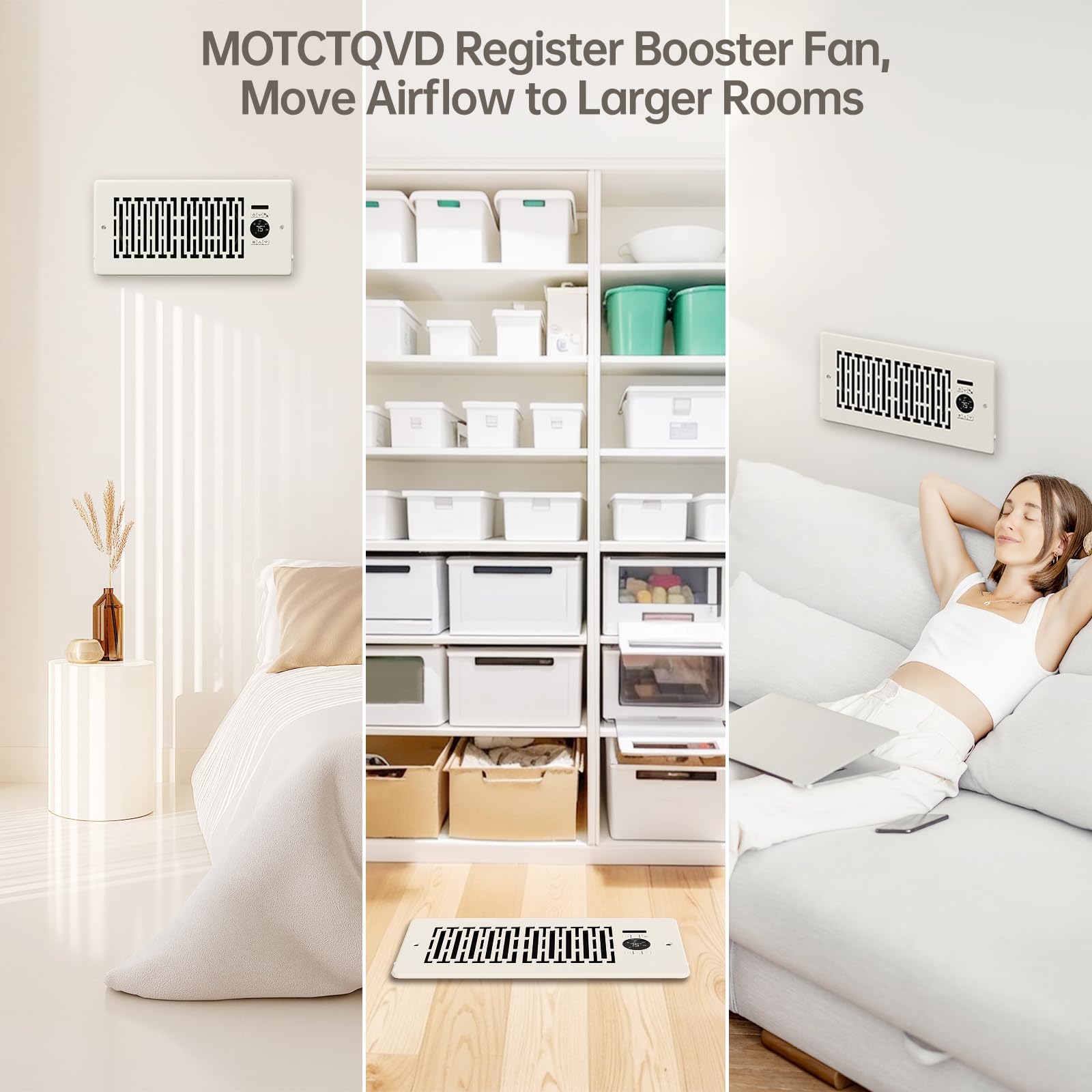MOTCTQVD 10-Speed Register Booster Fan for 4” x 10” Vents, Rice White, Aluminum, Model Wh-PFS01-E, Smart Thermostat & Remote Control
