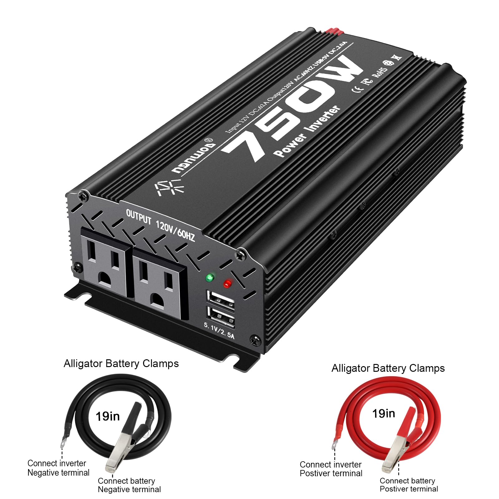 Tebrol 750W Black Car Power Inverter, 12V To 110V/120V, 2 Ac Outlets, 2 Usb Ports, Battery Clamps, Ideal For Vehicles, Trucks, C