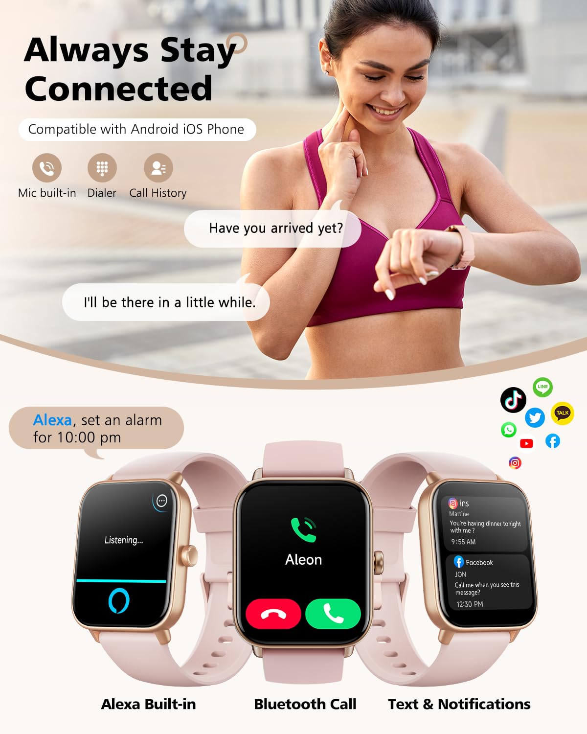 Smart Watch For Women, Android & Iphone Compatible, Fitness Watch Bluetooth Call & Receive Text, 1.8'' Smartwatch With Alexa/Hea