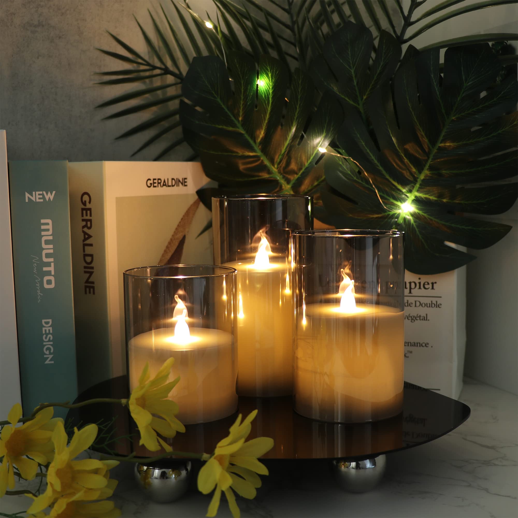 Genswin Gray Glass Battery Operated Flameless Led Candles With 10 Key Remote And Timer, Real Wax Candles Warm White Flickering L