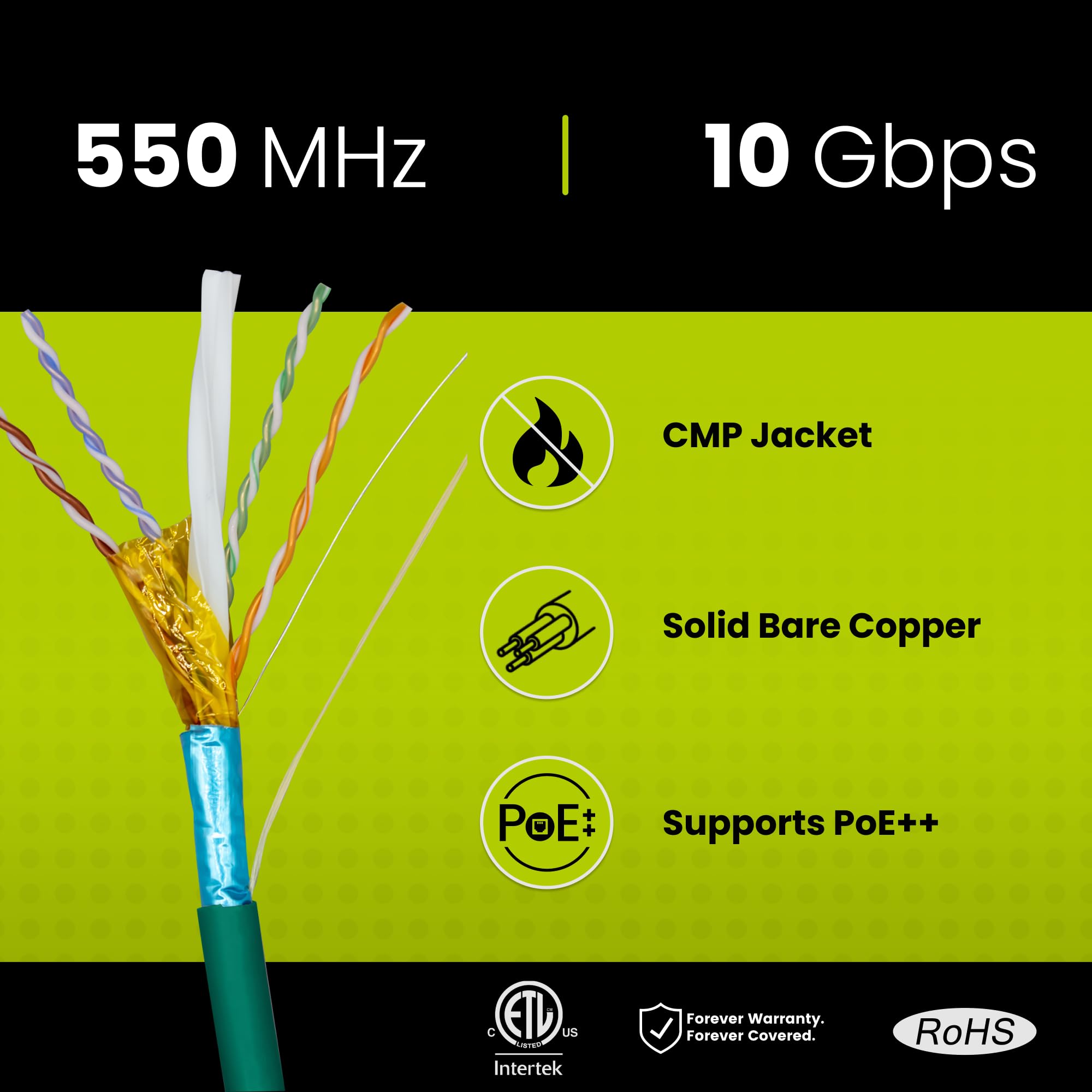 Truecable Cat6 Plenum Shielded (Cmp), 1000Ft, Green, 23Awg Solid Bare Copper, 550Mhz, Poe++ (4Ppoe), Etl Listed, Overall Aluminum Foil Shield (F/Utp), Bulk Ethernet Cable