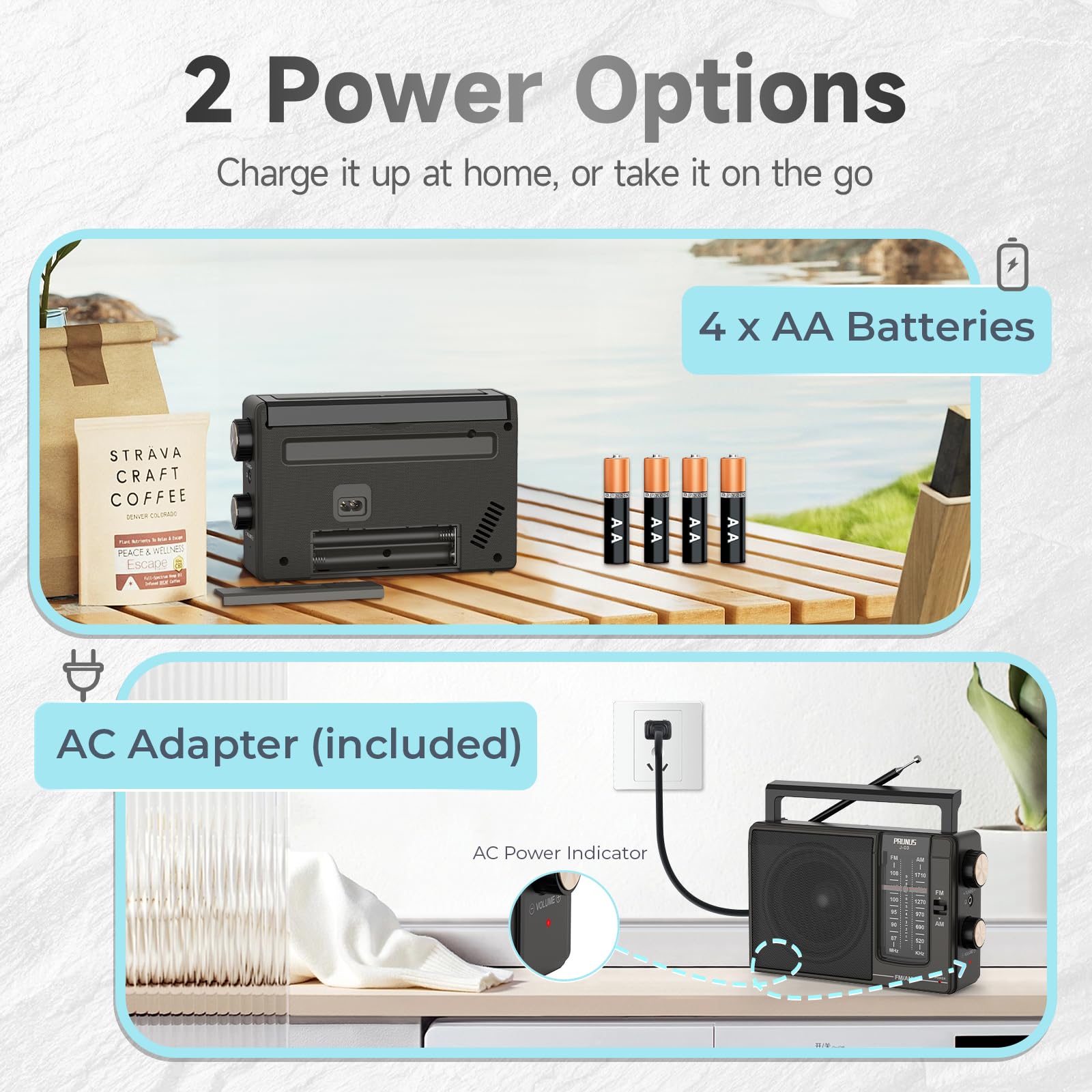 Prunus J-03 Am Fm Radio Portable Plug In Wall Or Aa Battery Operated For Home/Outdoor, Large Speaker Excellent Sound, Excellent