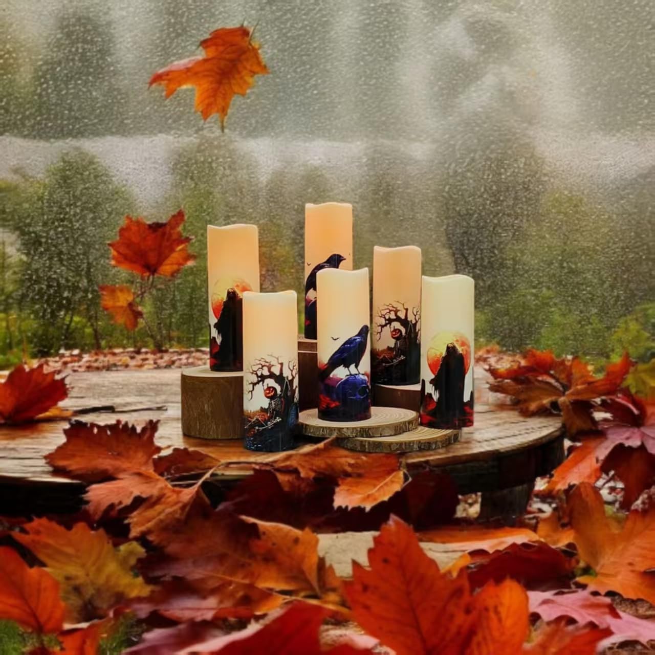 Halloween Flameless Led Candles, Set Of 6, Gothic Design With Remote Control, 6 In X 2.15 In, 2Aa Battery Operated 400+ Hours, T