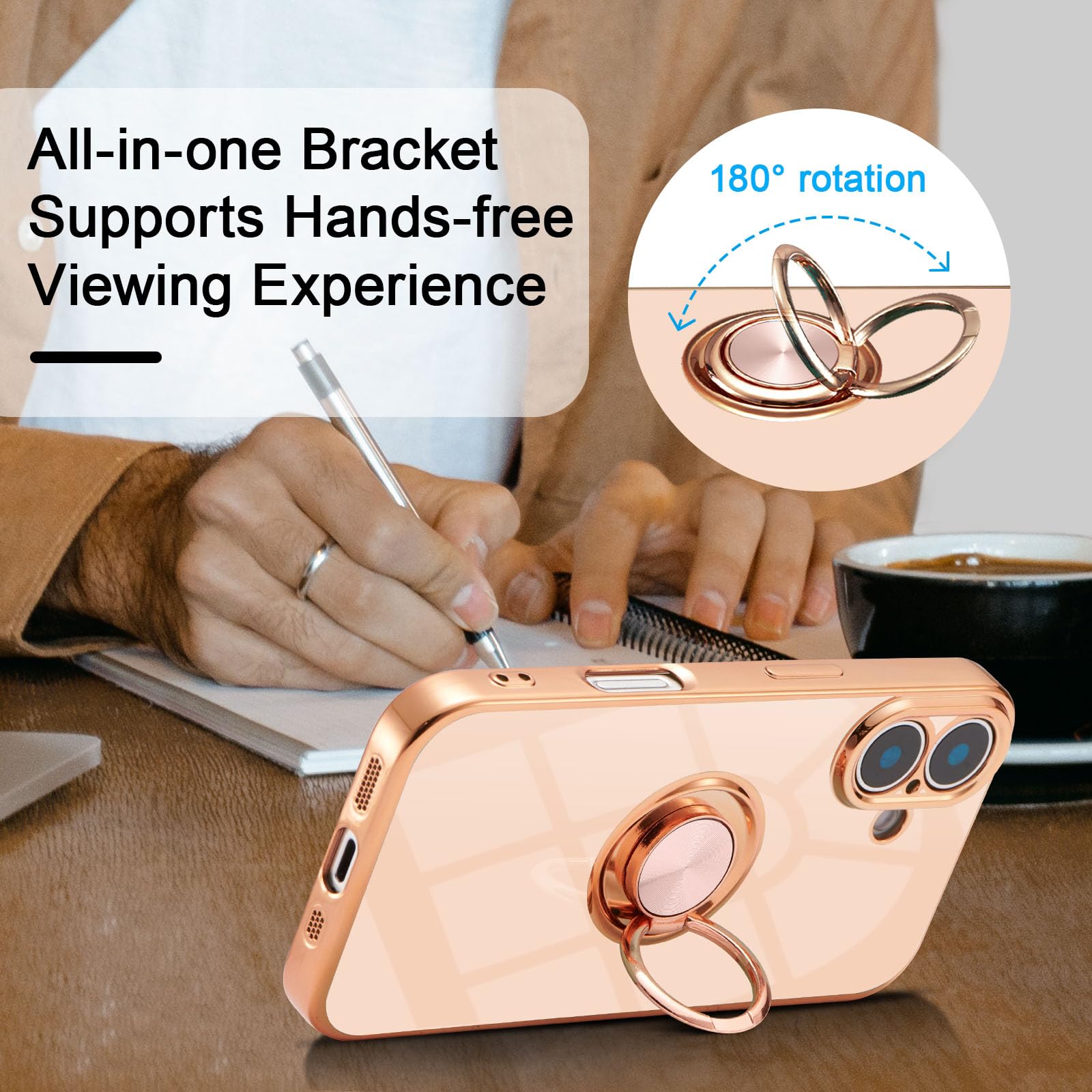 Eyzutak Case For Iphone 16, Phone Case With 360 Rotatable Finger Ring Holder Kickstand Magnetic Car Mount Supported Shiny Platin