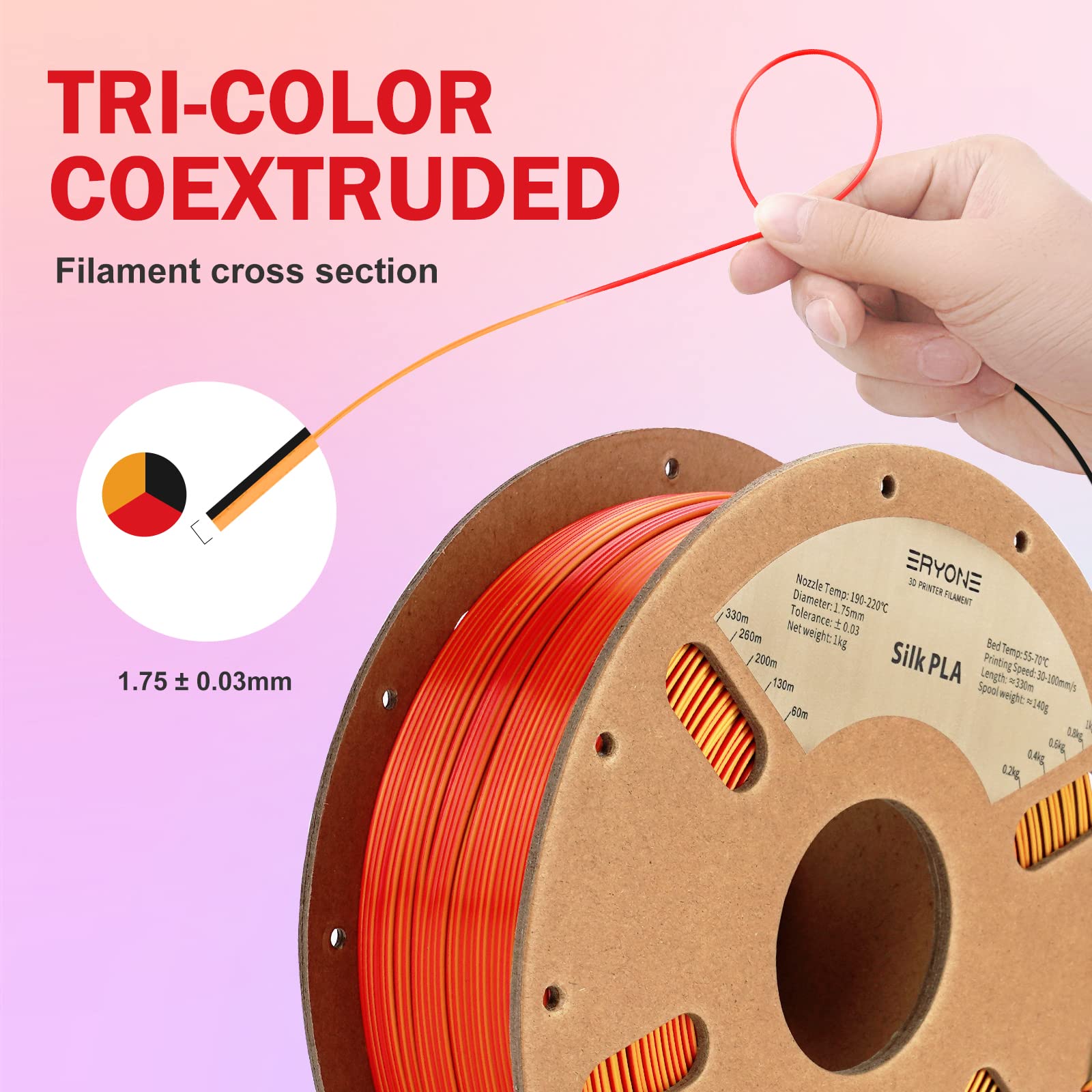 Eryone Silk Tri Color Coextrusion Pla Filament,3D Printer 1.75Mm,+/ 0.03Mm, Triple Color Filament 1Kg(2.2Lbs), Silk Red Gold Bla