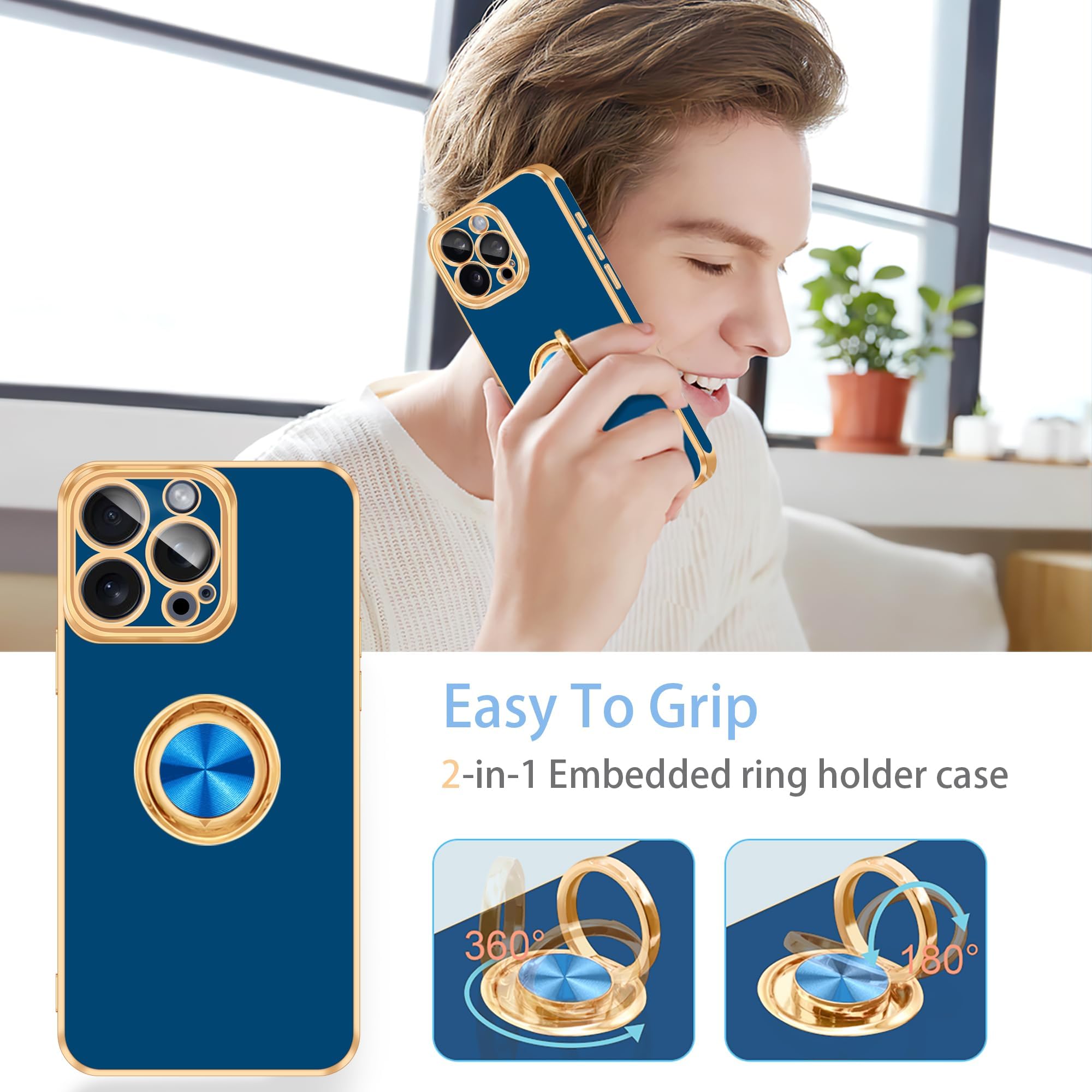 Fingic For Iphone 15 Pro Max Phone Case[With 360 Ring Holder][Support Magnetic Car Mount] Cute Kickstand Slim For Women Girl Non