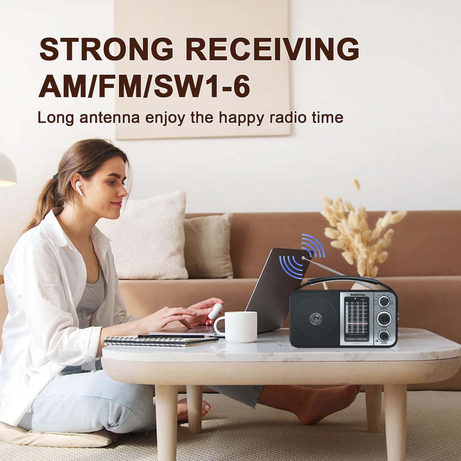 Audiocrazy Am Fm Portable Radio Shortwave Radio With Bluetooth,Radio Plug In Wall Or Battery Powered,Rechargeable Radio With Str