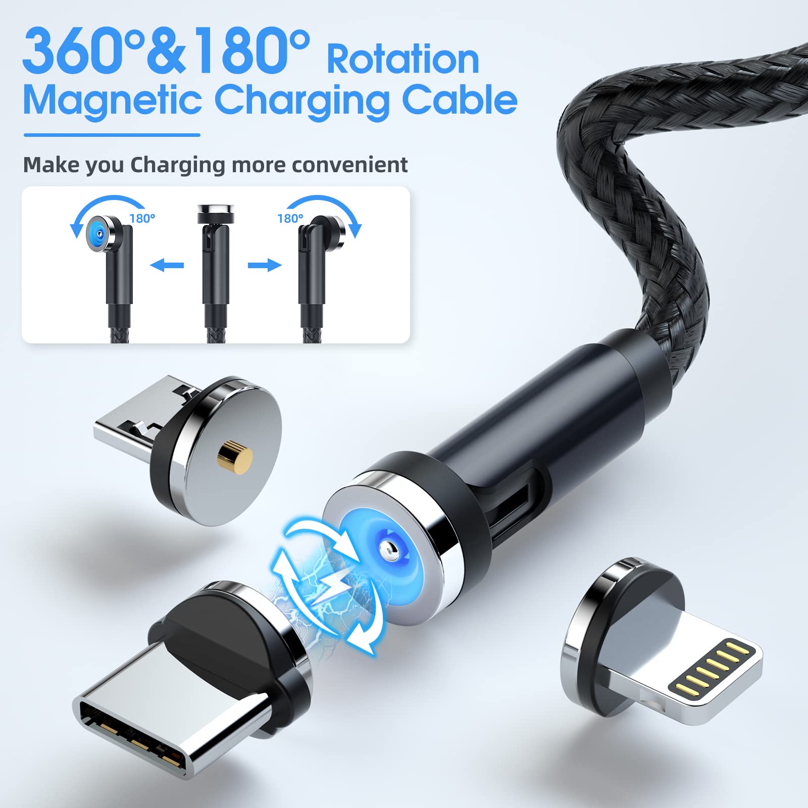 Magnetic Charging Cable [5 Pack,3/3/6/10/10Ft] 3 In 1 Magnetic Phone Charger 360&180 Rotating Magnetic Charger Cable With Led Li