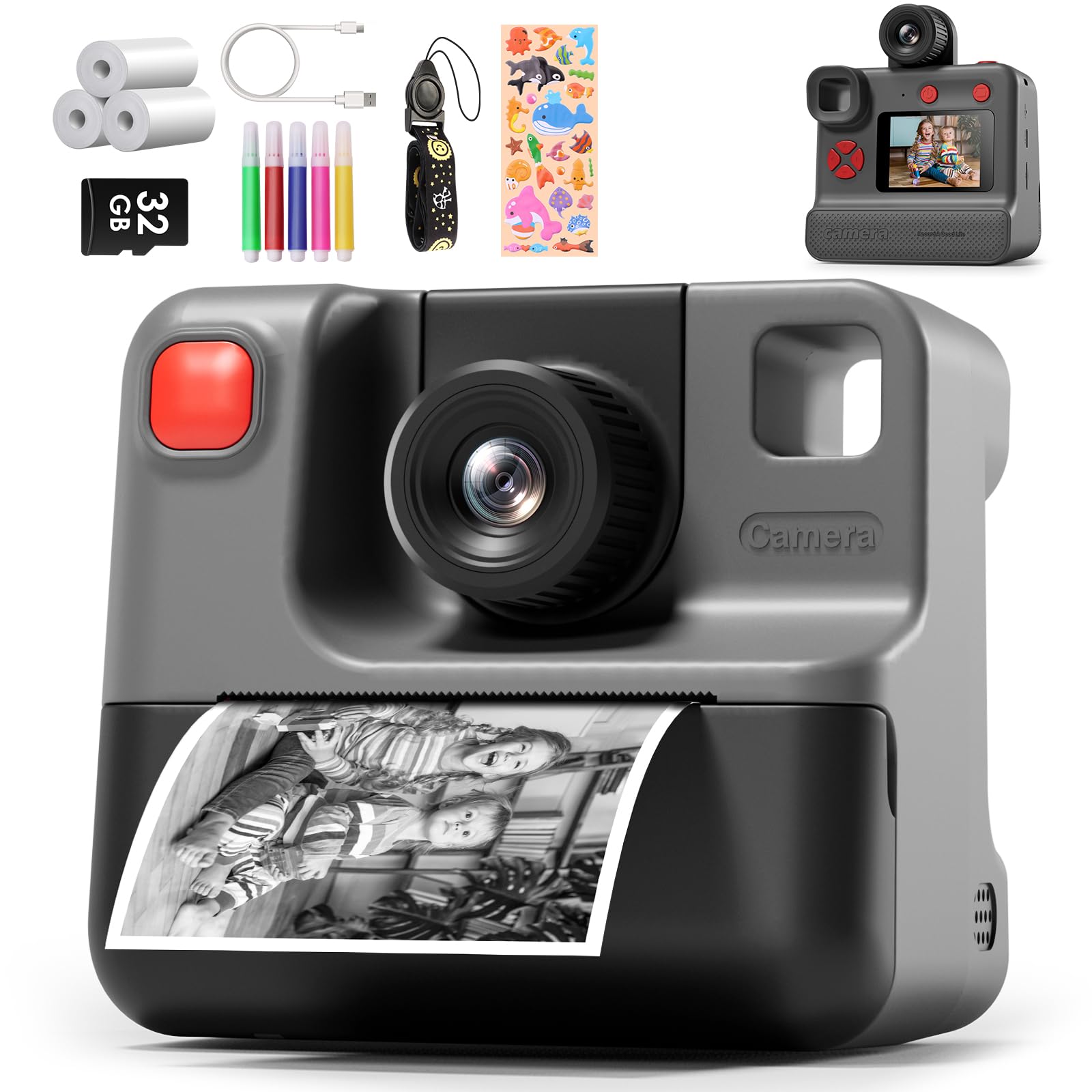 Instant Print Camera For Kids, 1080P Kids Instant Cameras,Hd Digital Video Cameras Toddler 3 Print Paper & 32G Card,Christams Bi