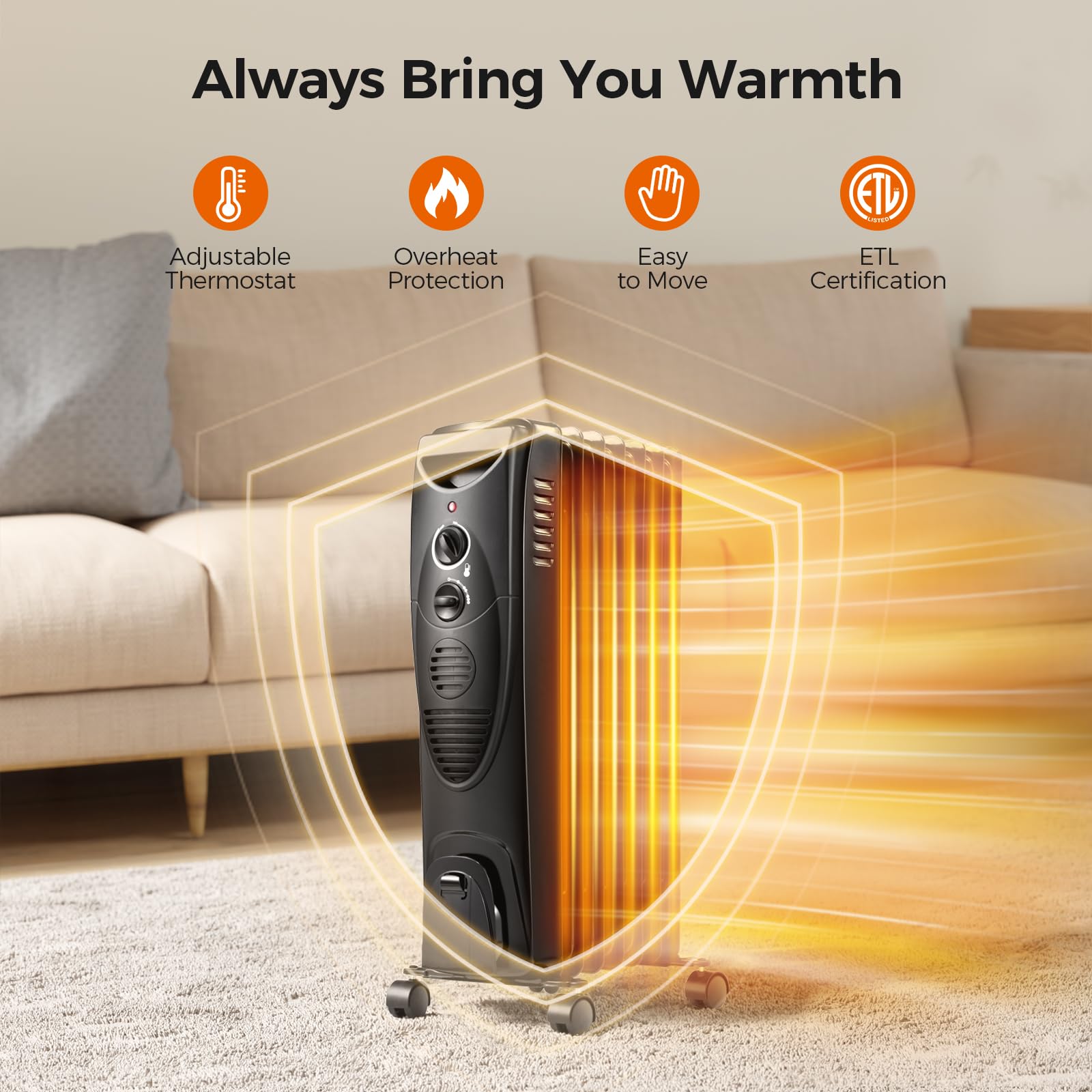 Kismile Portable Electric Radiator Heater, Oil Filled With 3 Heat Settings, Adjustable Thermostat, Overheat & Tip Over Protectio
