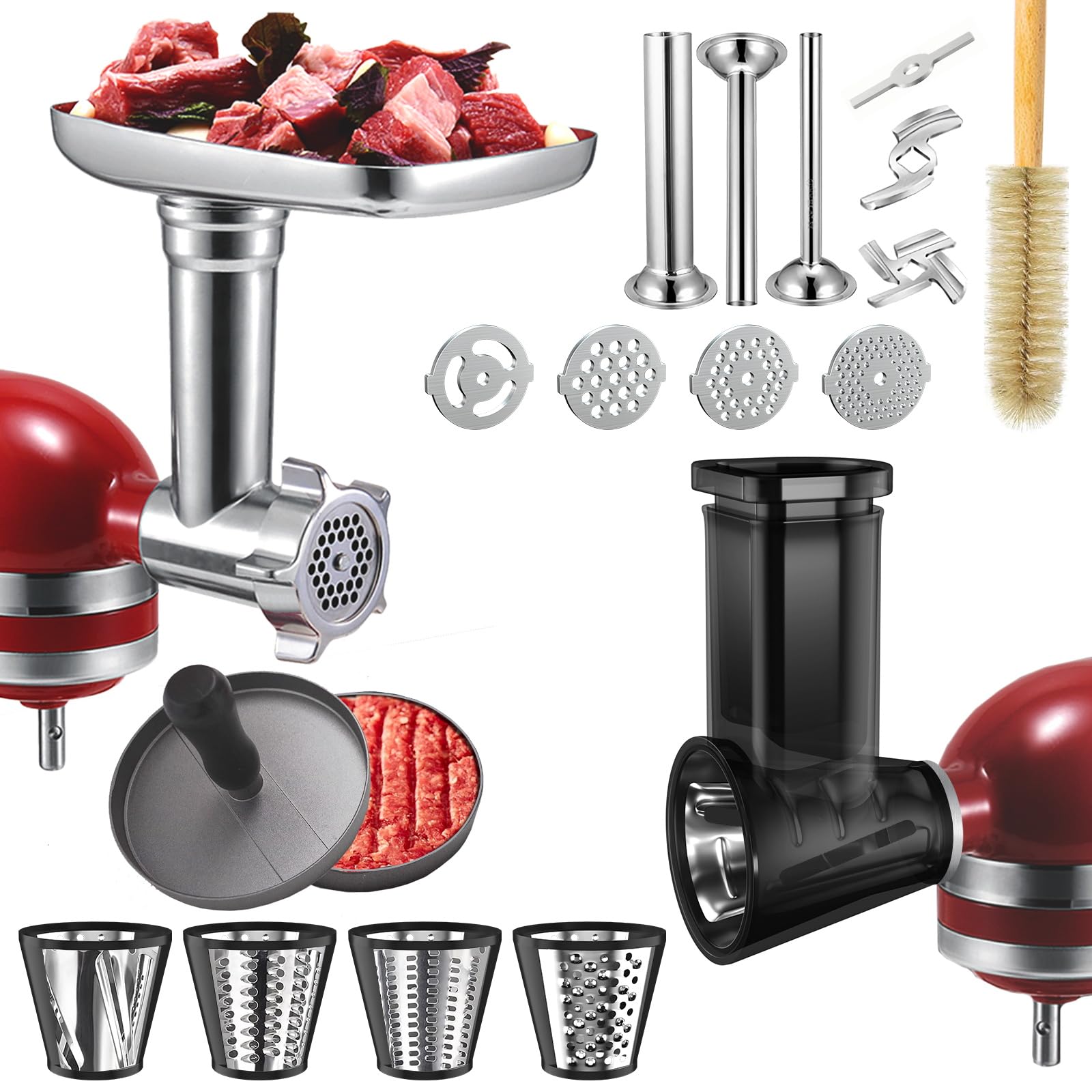Meat Grinder&Slicer Shredder Attachments For Kitchenaid Stand Mixer, Metal Food Grinder With Sausage Stuffer Tubes, Cheese Grate