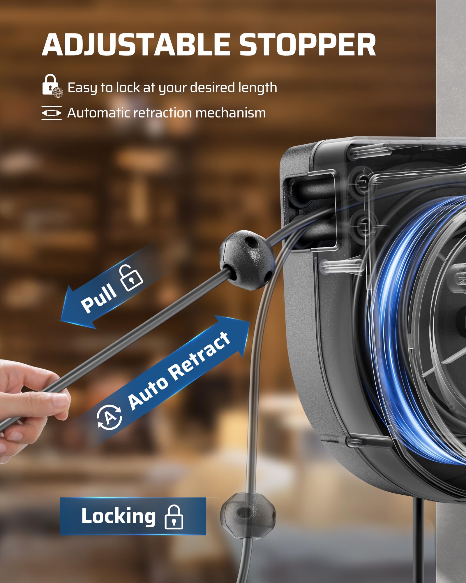 Dewenwils Retractable Extension Cord Reel, 60Ft Retractable Cord Reel, 12Awg/3C Sjtow, Lighted Triple Tap Outlets, 15A Circuit B