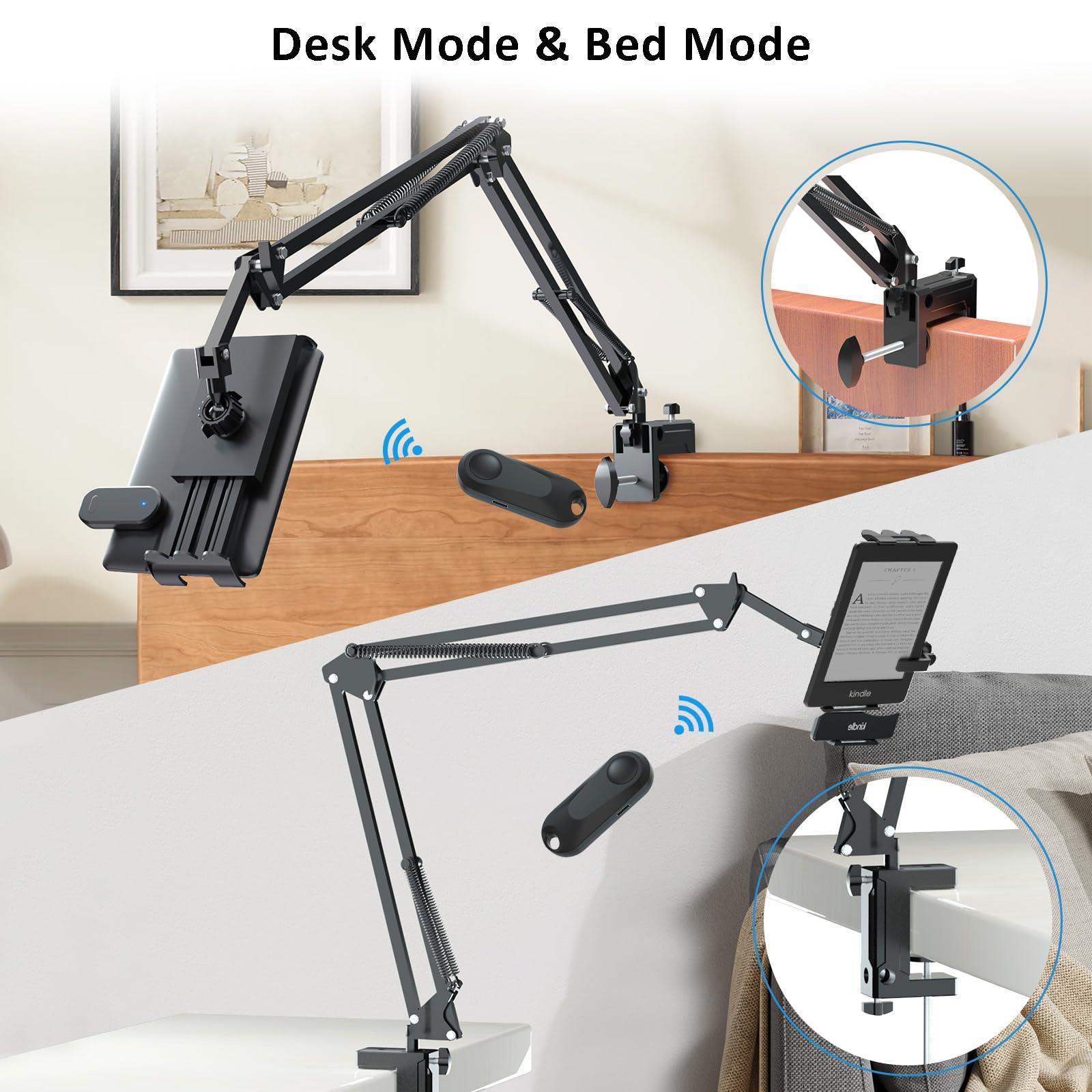 Locthal Tablet Holder For Kindle Reading In Bed With Remote Page Turner, Easy Adjust Hands Free Lazy Arm Mount For Kindle Access