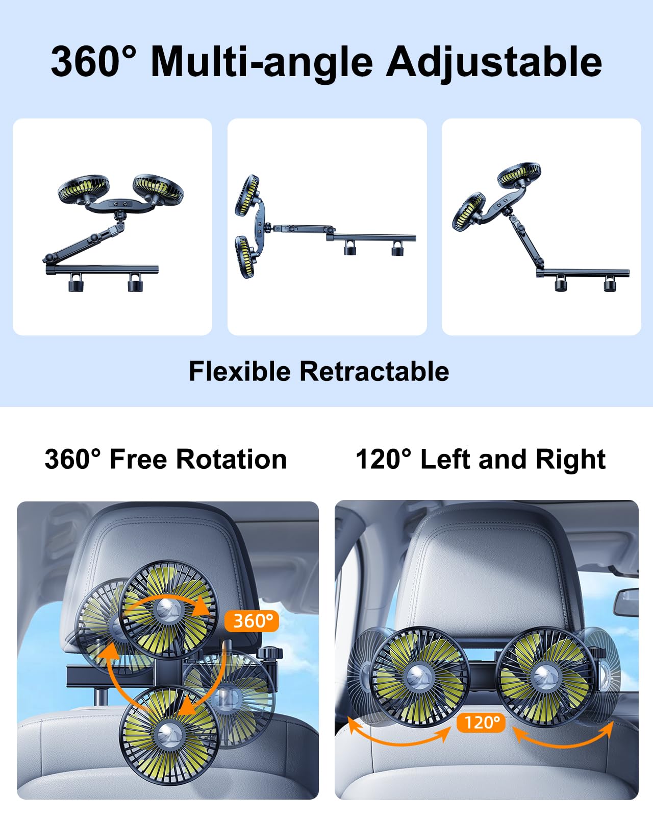 Nauttxon Battery Fan For Car Backseat With Retractable Long Arm, [Comes With Car Charger & Usb C Cable*1] 360Rotatable 3 Speeds