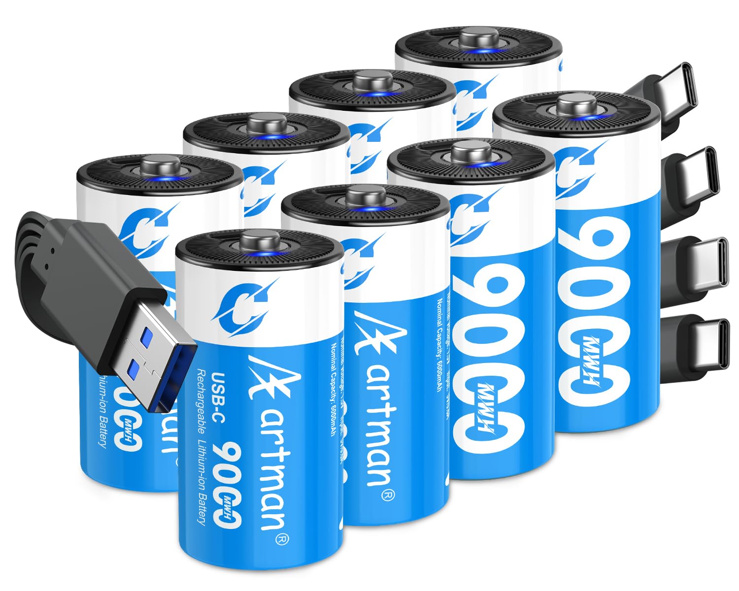 Artman Rechargeable Lithium C Batteries 8 Pack, 1.5V C Cell Batteries With 4 In 1 Usb-C Charging Cable, 9000Mwh High Capacity Si