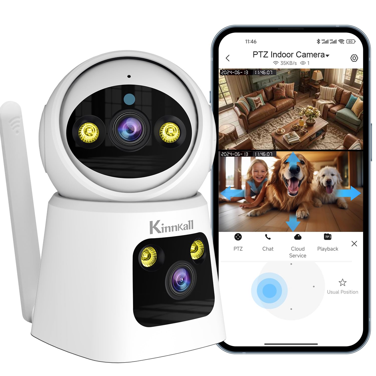 Kinnkall Pan/Tilt Indoor Camera Dual Lens For Baby Monitor Cat Dog Pet Camera, 2.4G/5G Wifi Camera For Home Security, Wireless C