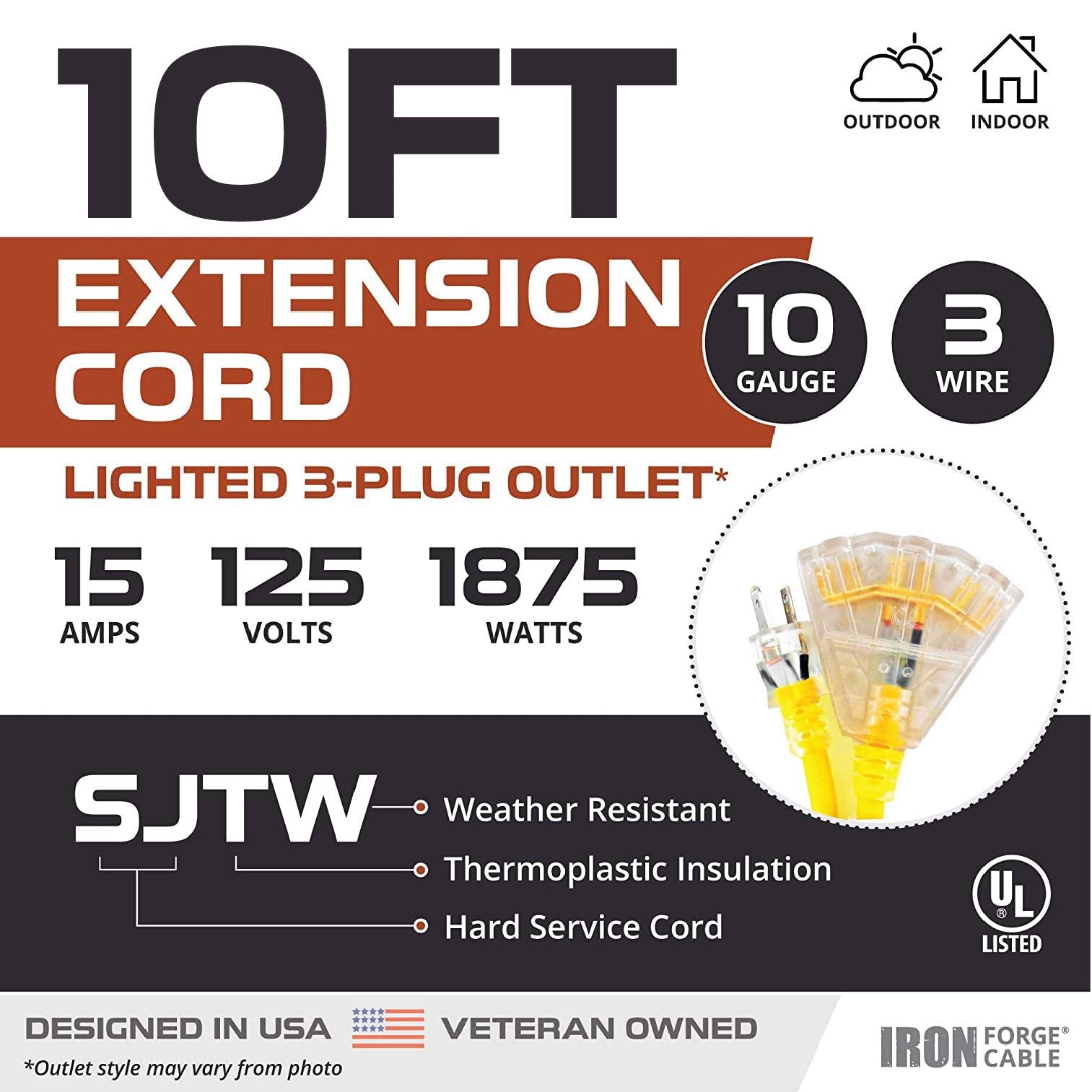 Iron Forge Cable 10 Gauge Extension Cord 10 Ft With 3 Outlets, Sjtw 10/3 Heavy Duty Outdoor Extension Cord With Multiple Outlets