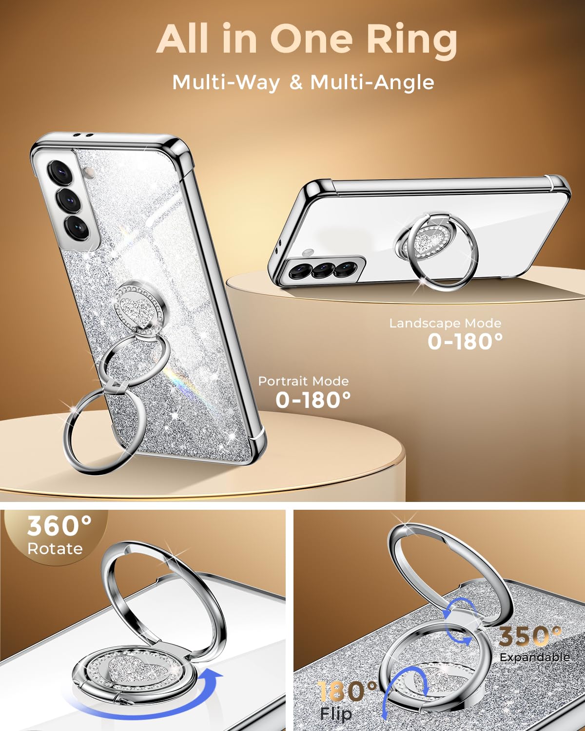 Xyz For Samsung Galaxy S21 Plus Case With Stand, Galaxy S21 Plus Case With Double Ring, Women Girls Bling Luxury Glitter Clear P