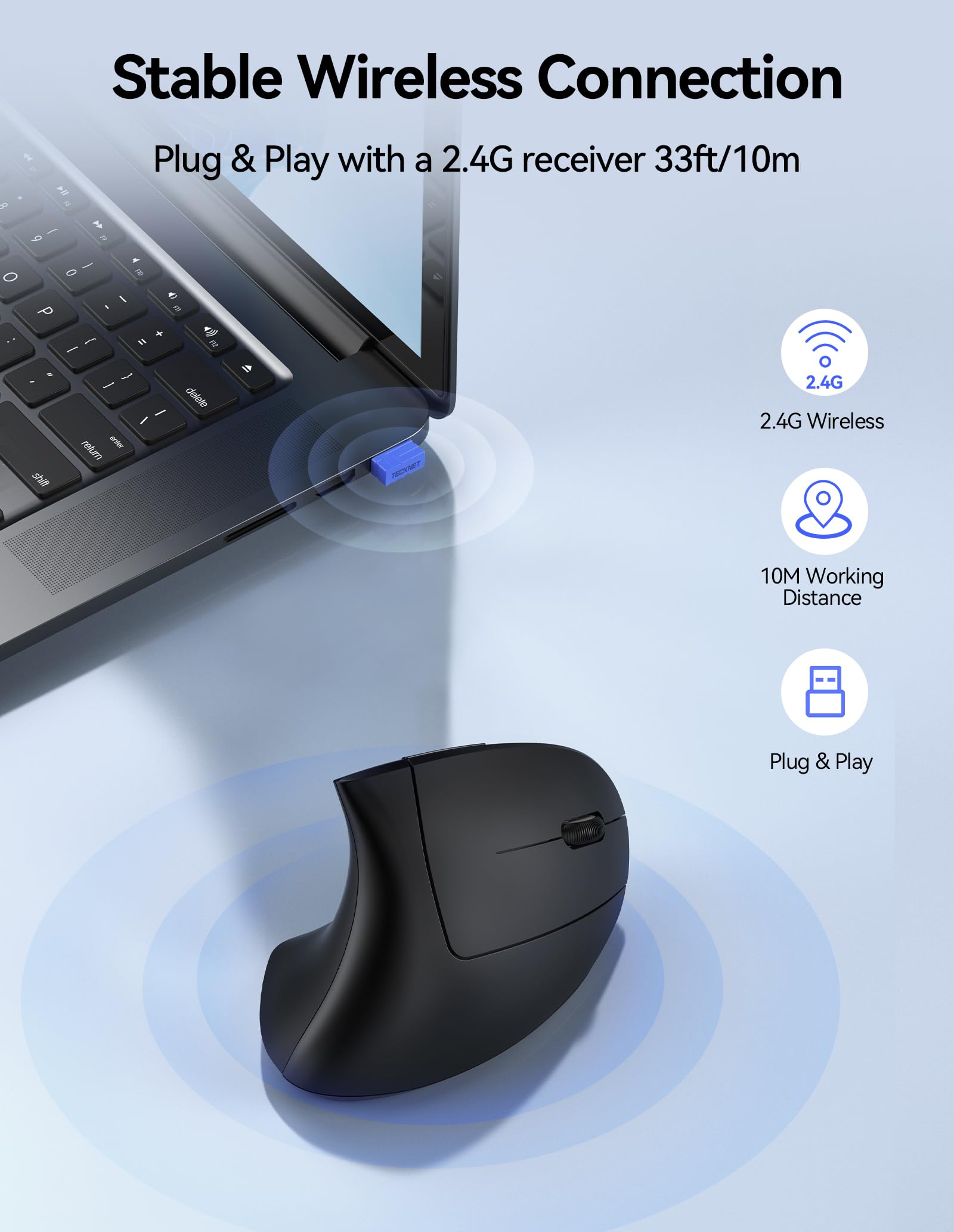 Tecknet Ergonomic Mouse, Rechargeable Vertical Ergo Mouse Wireless 800 4800 Levels 5 Adjustable Dpi, Silent 2.4Ghz Optical Carpal Tunnel Mouse For Right Hand, Usb Wireless Mouse For Laptop, Pc