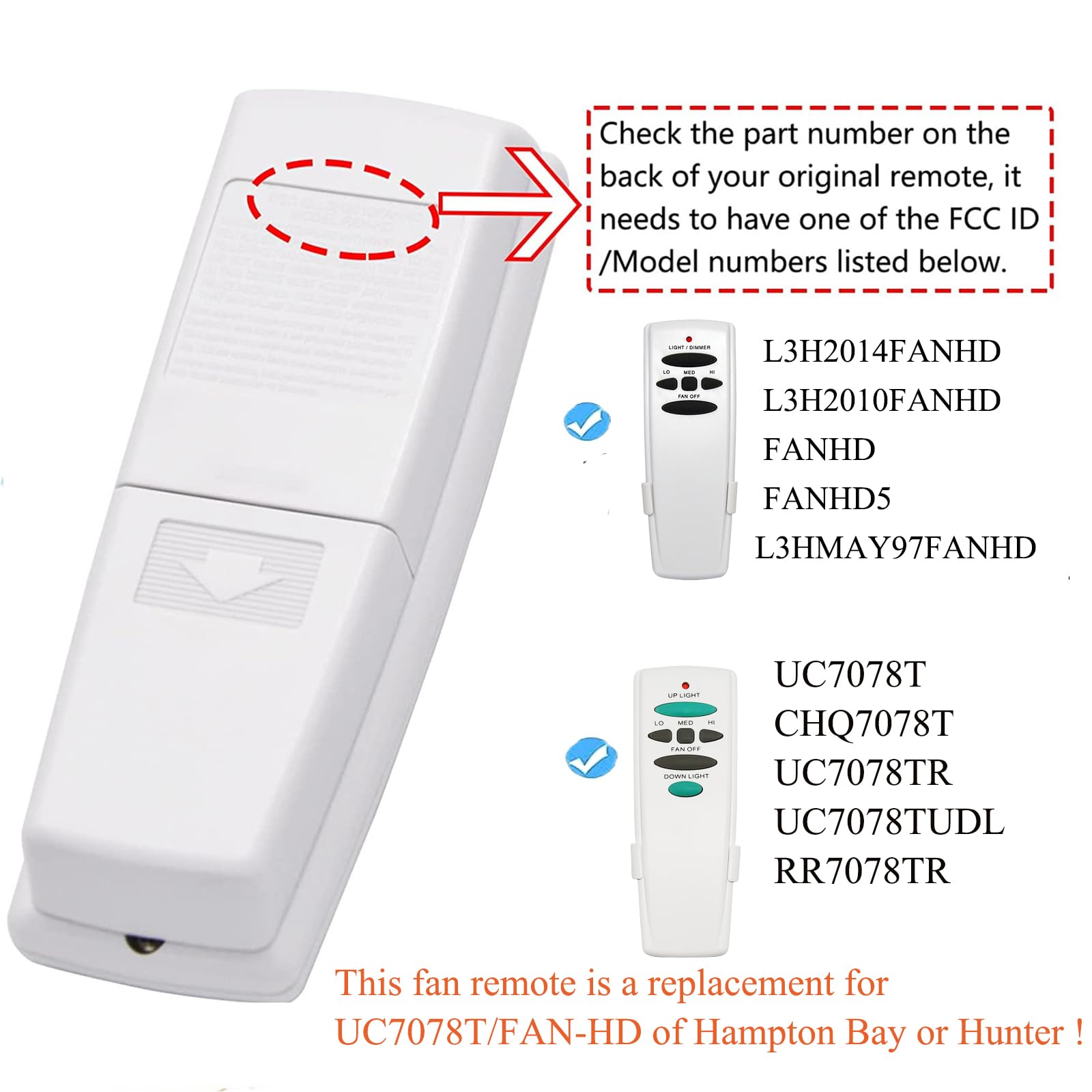Uc7078T Ceiling Fan Remote Control Replacement For Hampton Bay Uc7078T, With Up And Down Light