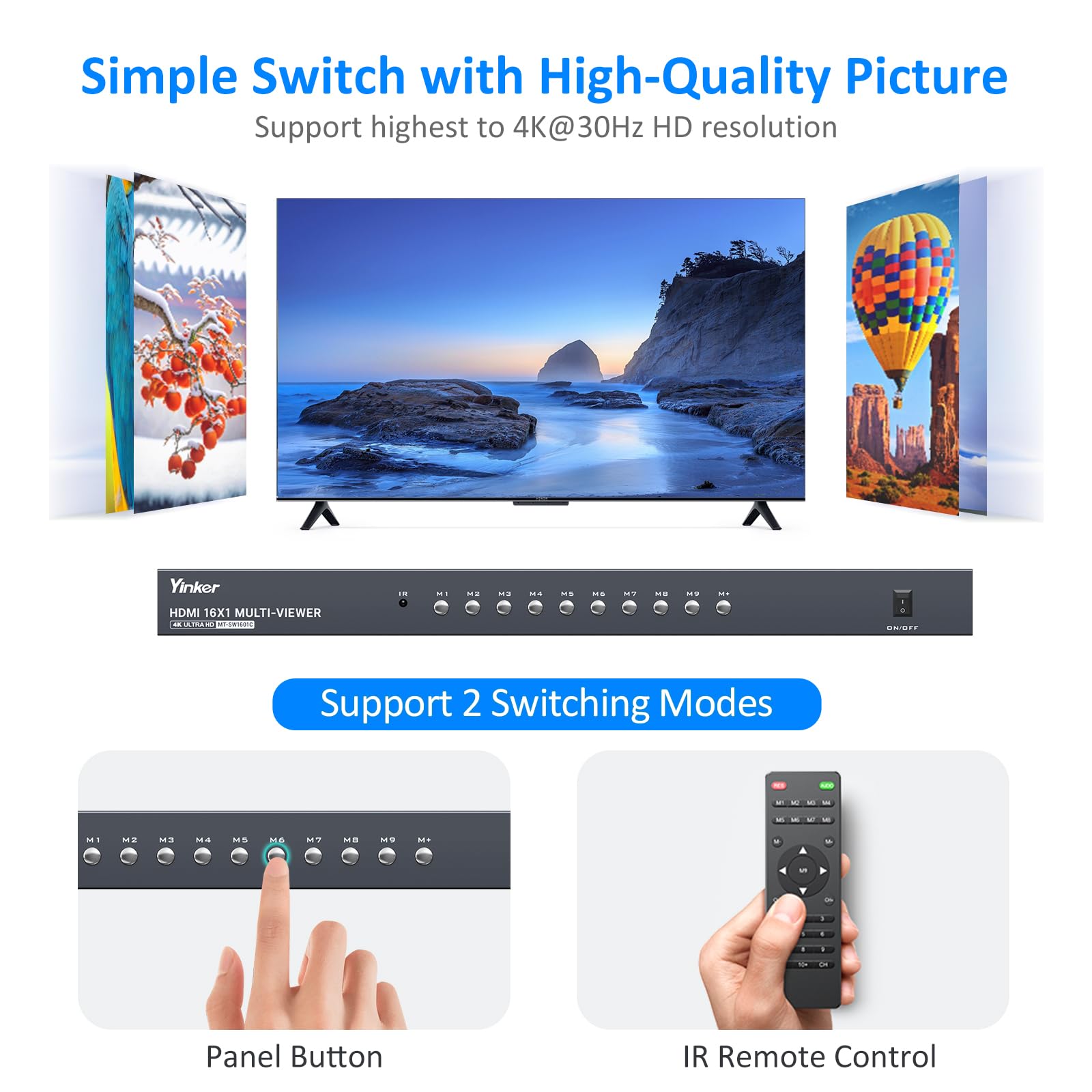 4K Hdmi Multiviewer 16X1, Yinker 4K@30Hz Seamless Switcher 16 In 1 Out With Ir Remote, 10 Display Modes For Plug And Play, Suitable For Set Top Boxes, Consoles, Gaming Consoles, And Laptops