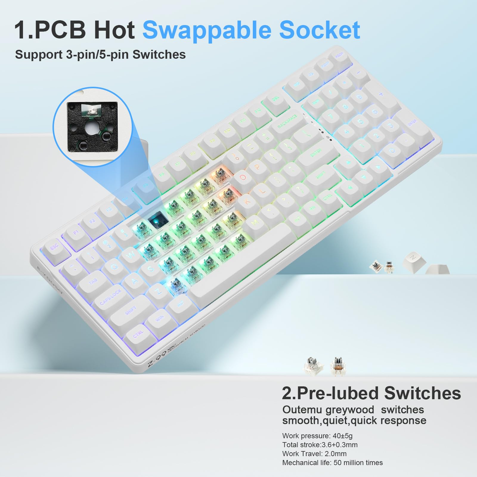 Huo Ji E Yooso Creamy Mechanical Keyboard Wired, Hot Swappable, Pre Lubed Linear Switches, Gasket Structure With Sound Dampening Foam, Rgb Backlit, 99 Keys Custom Gaming Keyboard For Pc/Mac,White