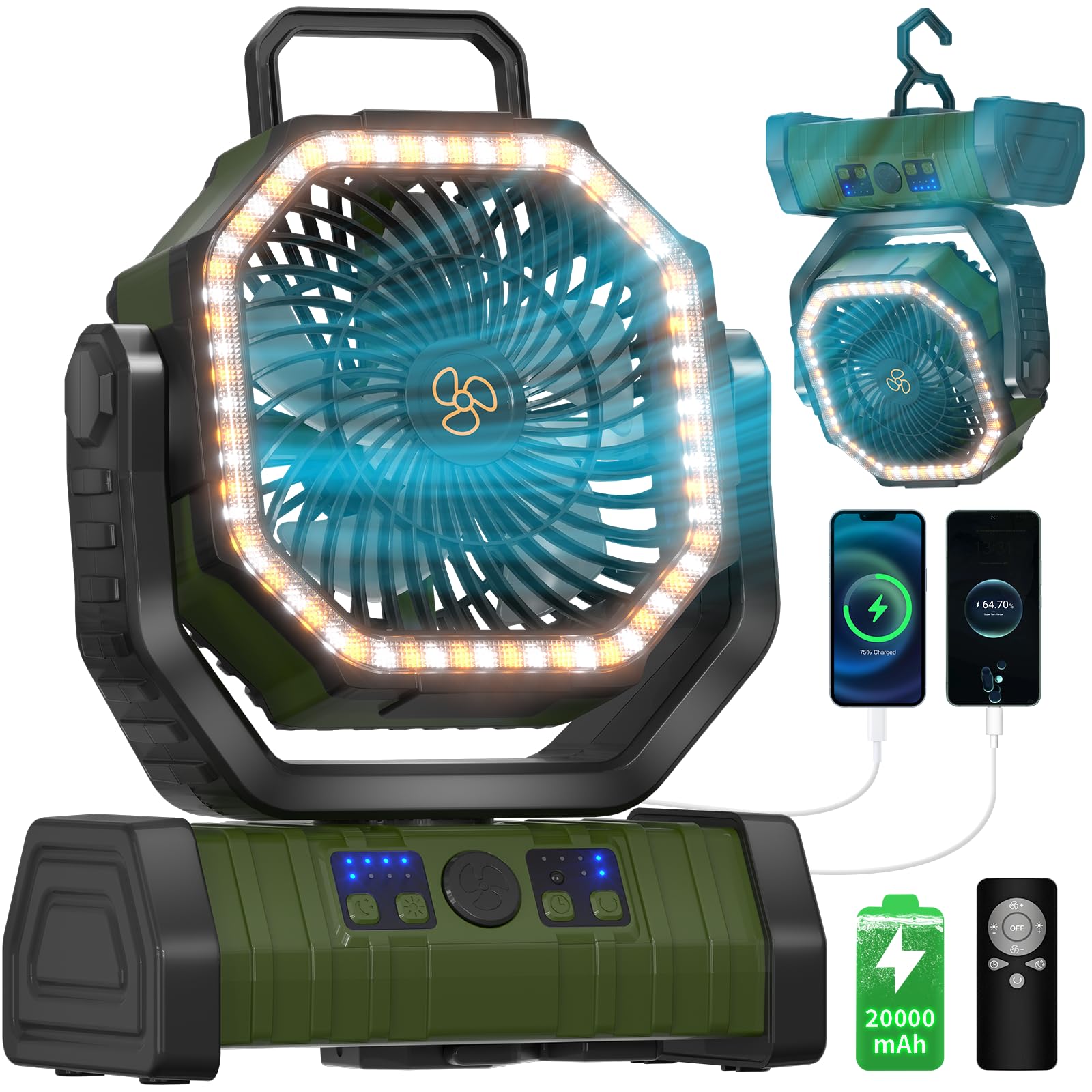 EEIFO Battery Operated Fan Portable Camping Battery Powered Fan with LED Lantern Light 20000mAh Rechargeable, Oscillating, 360 R