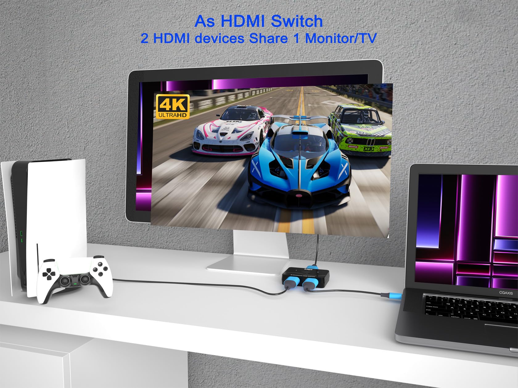 Kago Hdmi Switch 2 In 1 Out,Hdmi Splitter 1 In 2 Out,Bi Directional 4K@60Hz Hdmi Hub Supports Xbox Ps5/4/3 Blu Ray Tv Fire Stick