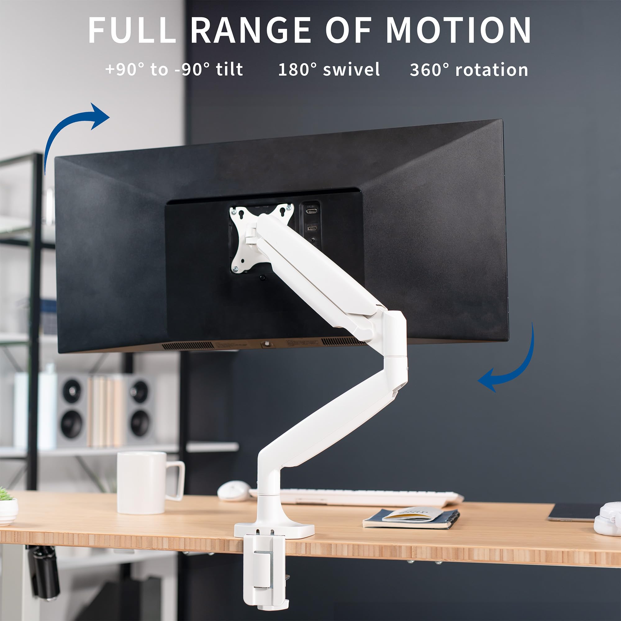 VIVO Premium Aluminum Heavy Duty Single Monitor Arm for Ultrawide Monitor up to 40 inches and 32.5 lbs, Desk Mount Stand, Pneumatic Height, Max VESA 100x100, White, STAND V101QW