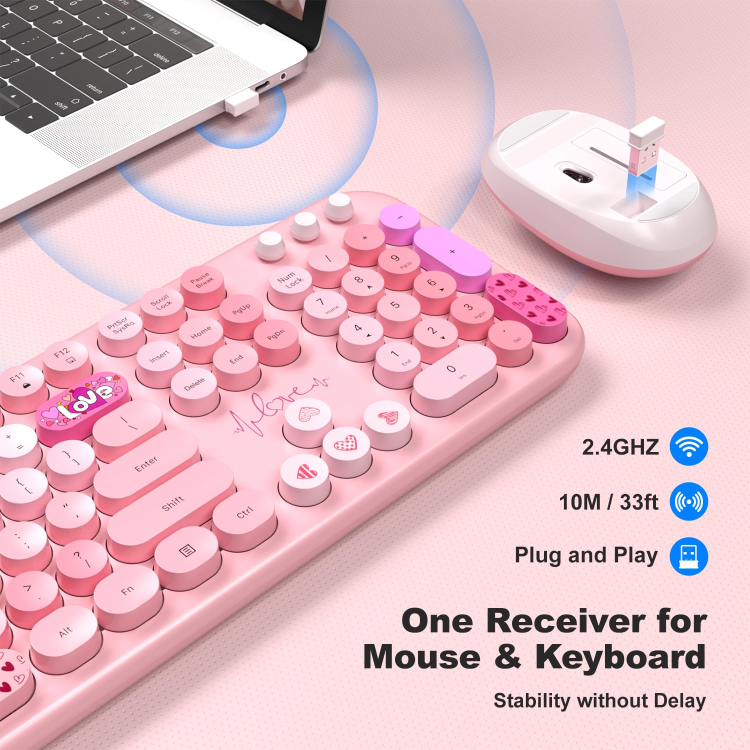 Wireless Keyboard And Mouse, Sqmd Colorful Typewriter Retro Keyboard With Round Keycaps, 2.4Ghz Usb Full Size Keyboard And Mouse