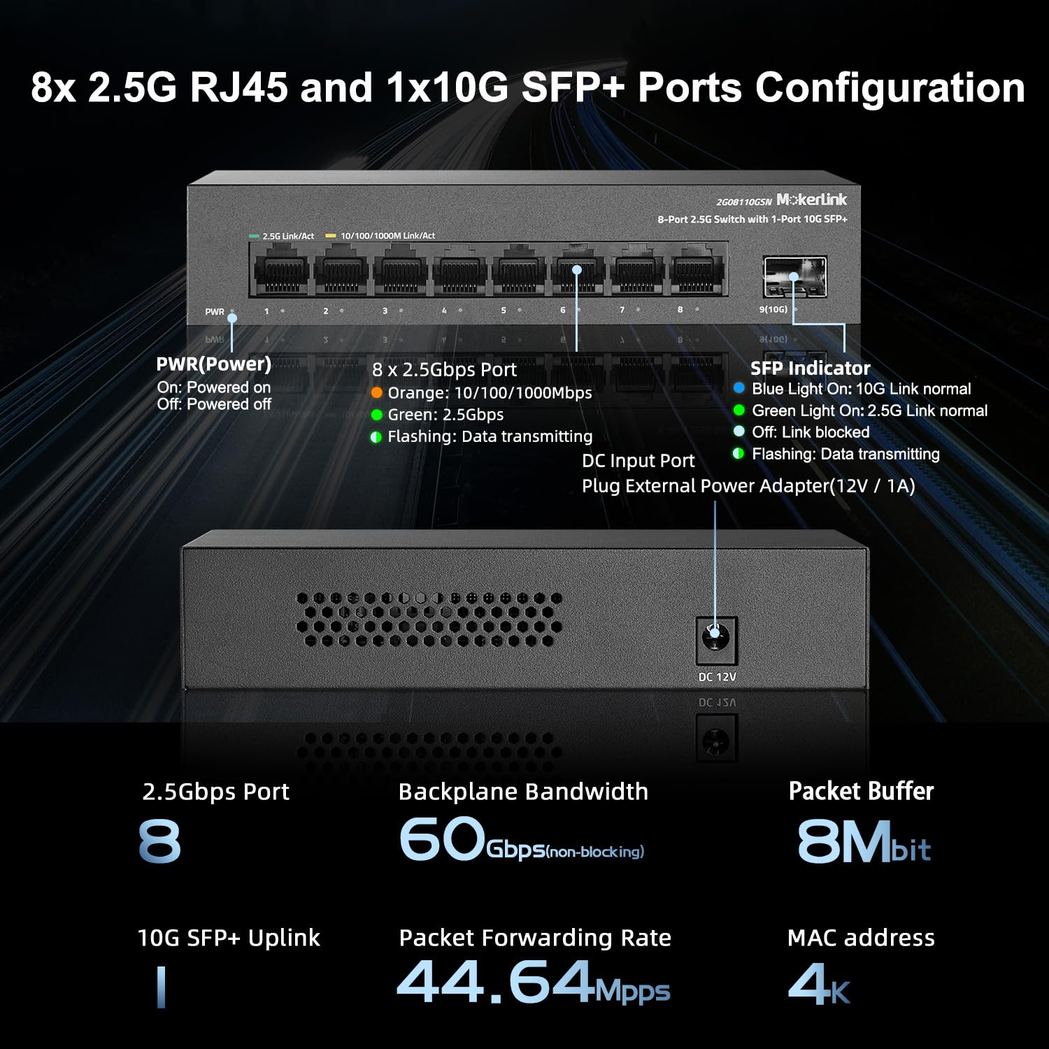 Mokerlink 8 Port 2.5G Ethernet Switch With 10G Sfp+ Slot, 8X2.5G Base T Ports Compatible With 100/1000Mbps, Mini Size, Metal Unm