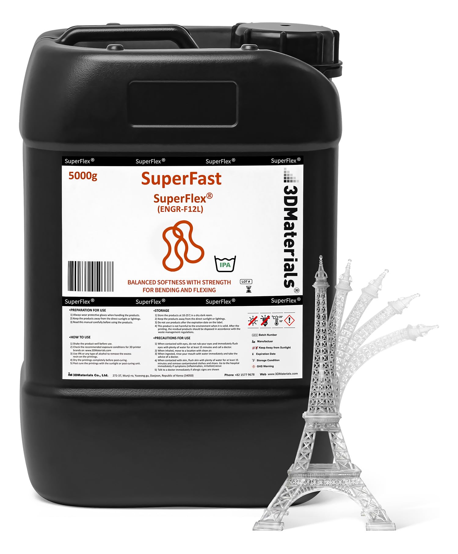 Superflex 3D Printer Resin, Softness 80A Simulating Flexible Rubber, Made In Korea By 3Dmaterials (5000G, Clear)