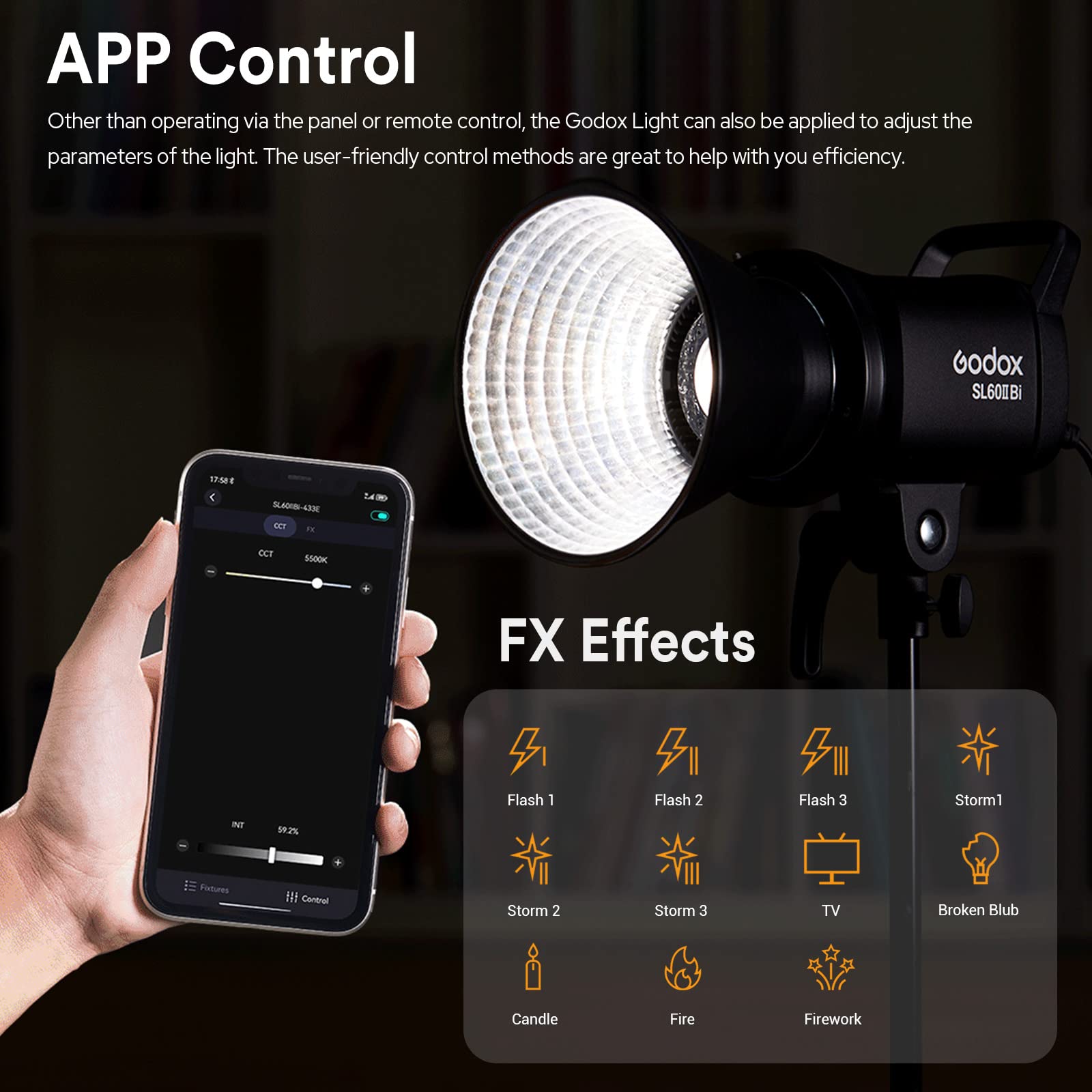 Godox Sl60Iibi Bi Color Led Video Light,2800K 6500K,Cri96+ Tlci97+,Builtin 11 Fx Effects,App/2.4Gwireless Control Adjust Brightn