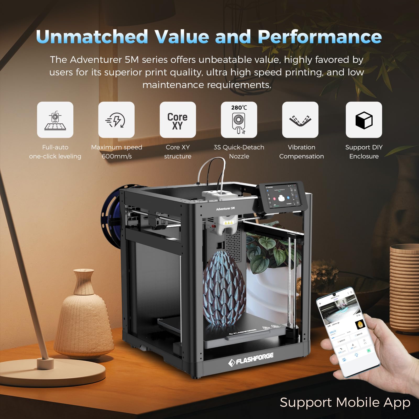 Flashforge Adventurer 5M 3D Printer With Fully Auto Leveling, Max 600Mm/S High Speed Printing, 280C Direct Extruder With 3S Deta