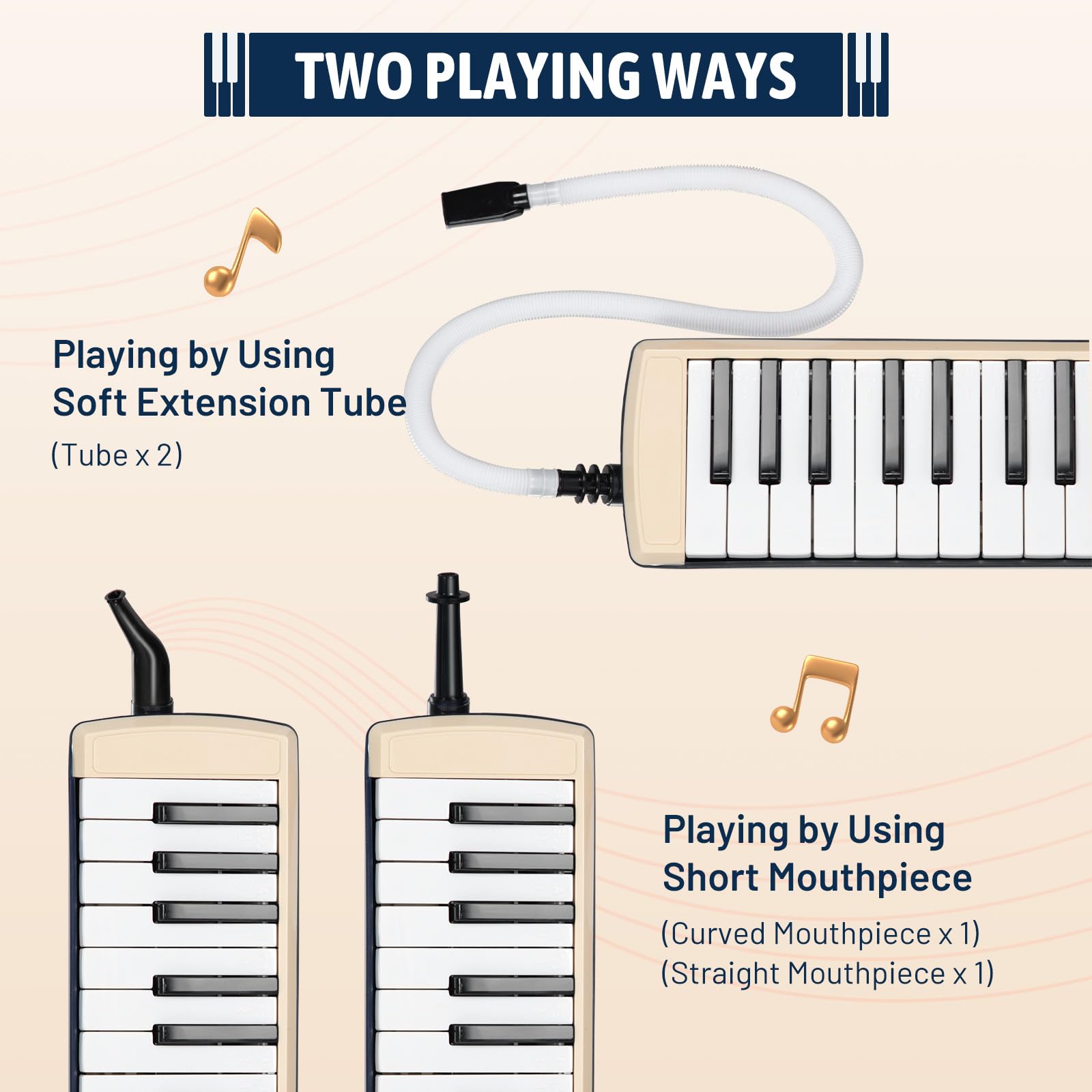 Cahaya Melodica Instrument 32 Keys: Double Tubes Mouthpiece Air Piano Keyboard Musical Instrument Gift With Carrying Bag Beige B