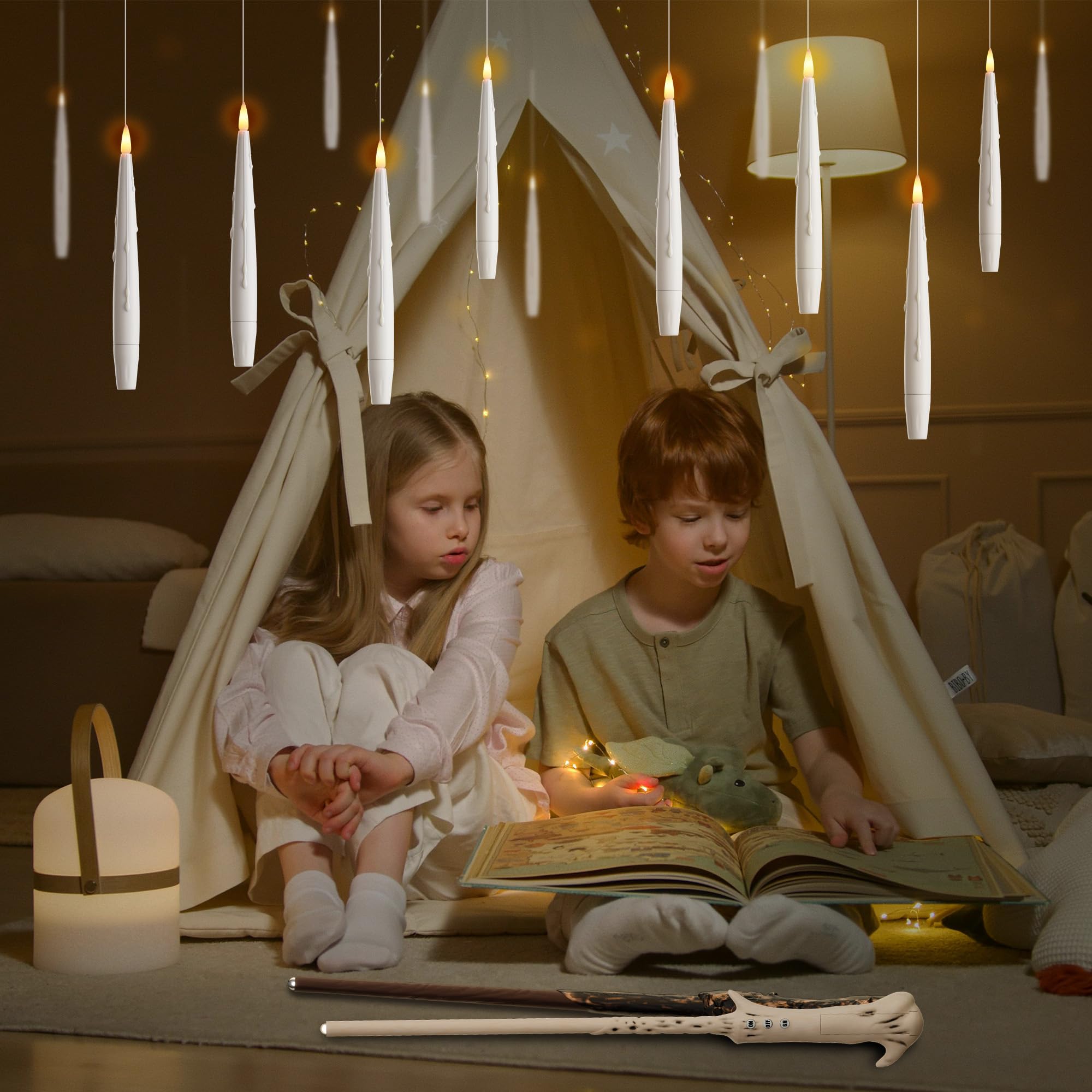 Afineth Floating Candles With Wand, Magic Hanging Candles 20 Pack, Flickering Flameless Floating Led Candles, White Battery Oper