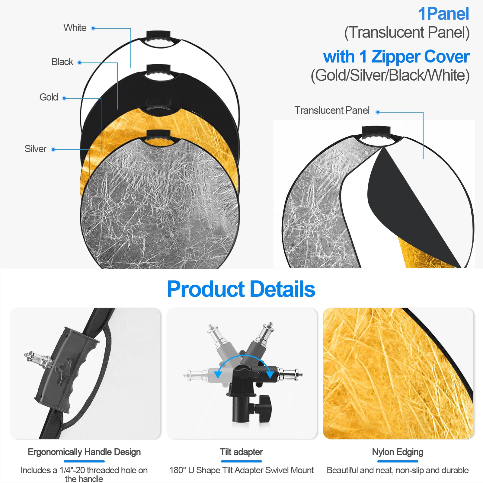 Wellmaking 32 Inch (80Cm) Reflector Photography, Collapsible Light Reflector With Threaded Handle & Tilt Adapter, 5 In 1 Handle