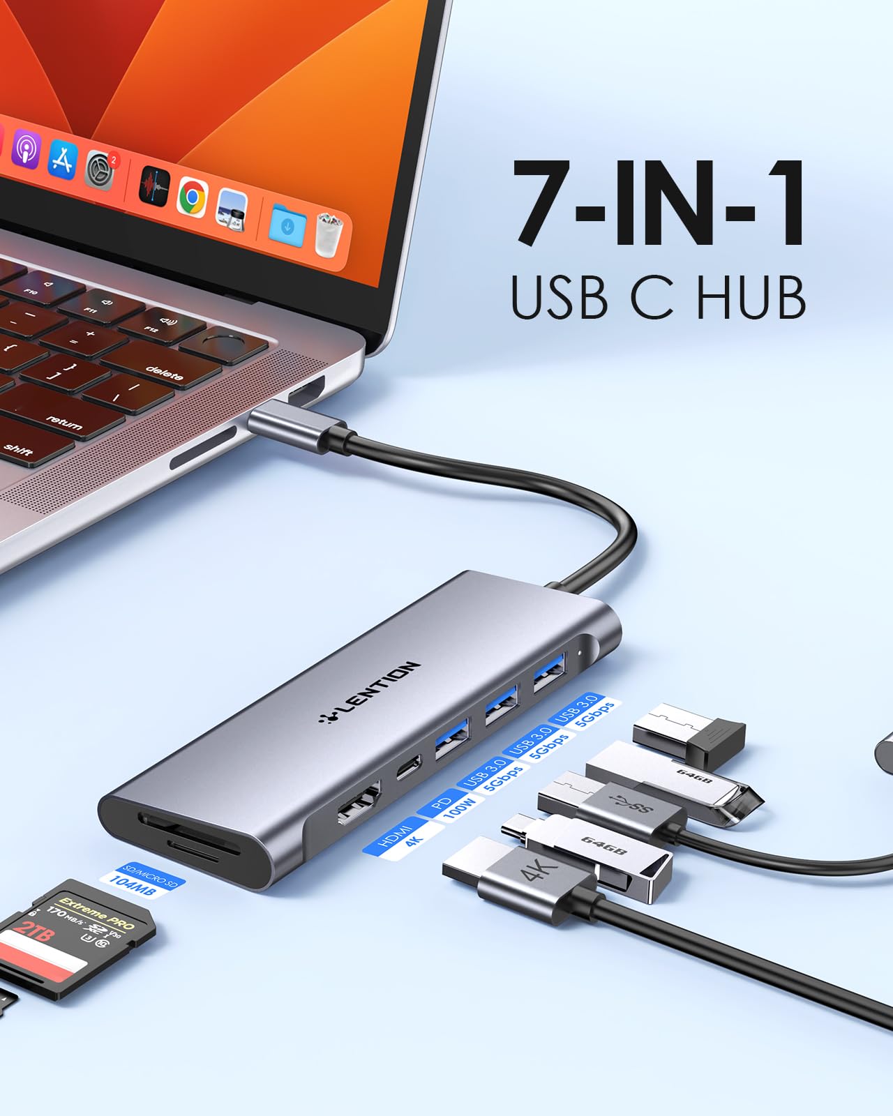 Lention Usb C Multiport Hub With 4K Hdmi, 3 Usb 3.0, Sd/Micro Sd 3.0 Card Reader, 100W Pd Compatible 2023 2016 Macbook Pro, New