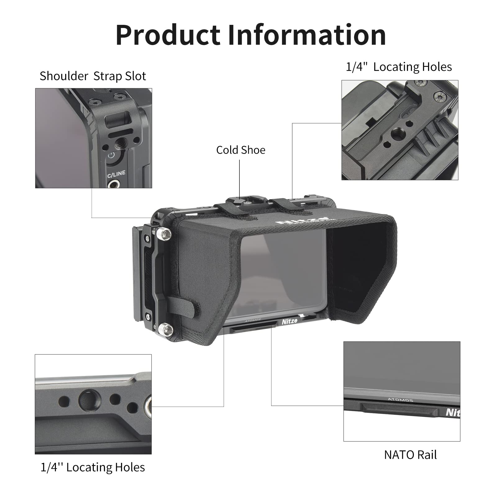 Nitze Ninja V Cage Kit For Atomos Ninja/Ninja Ultra/Ninja V/Ninja V Plus/Shinobi/Zato Connect Monitor With Sunhood, Hdmi Cable C