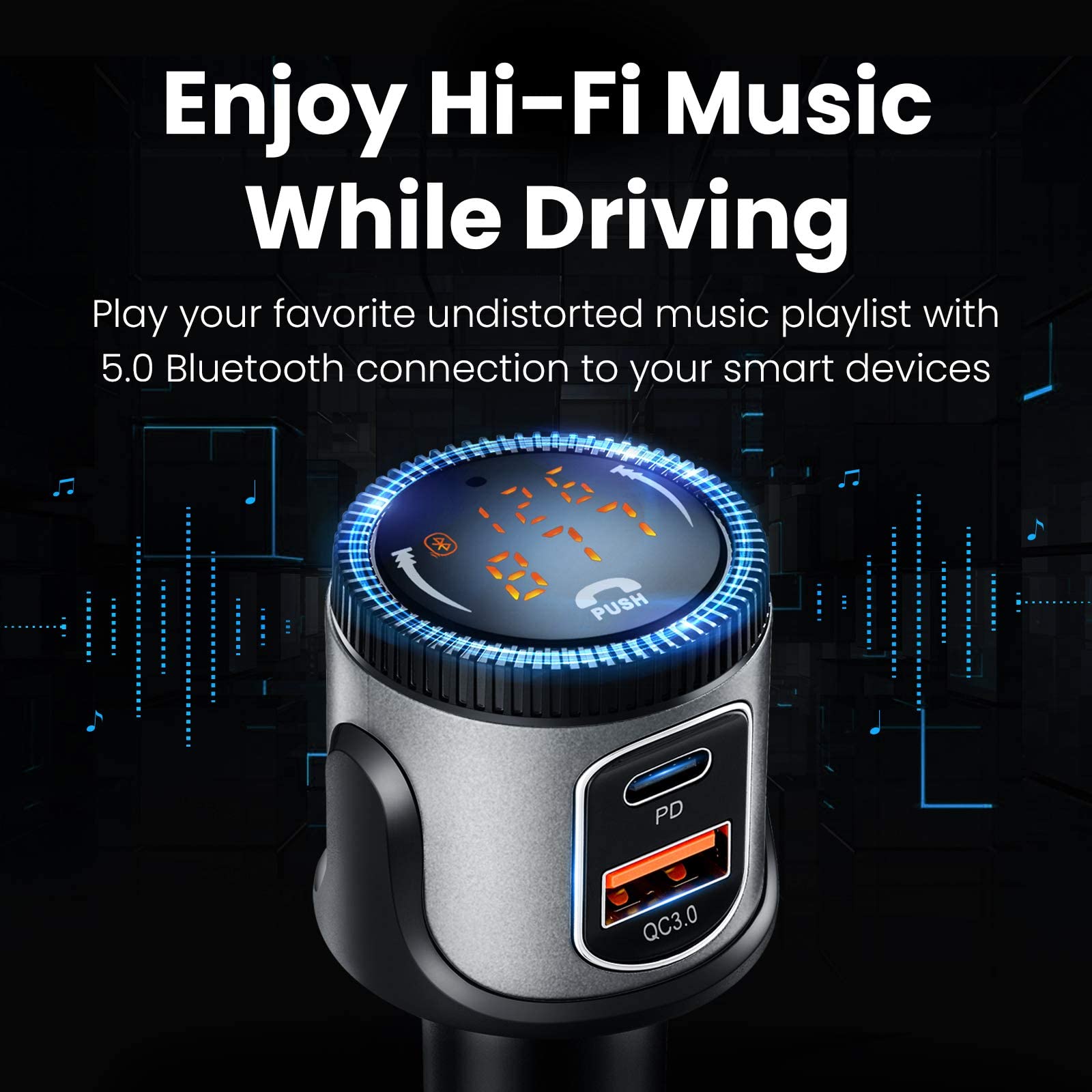 Bluetooth 5.1 Fm Transmitter For Car, Wireless Bluetooth Car Adapter With 36W Qc 3.0 + Pd 3.0 Usb C Fast Charger, Car Radio Tran