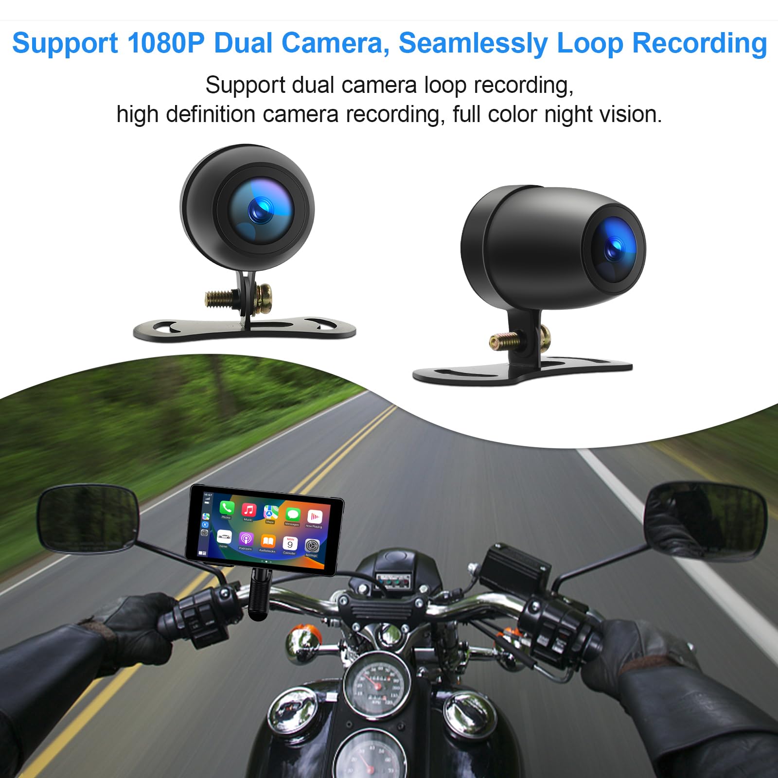 Tenbaba Portable Motorcycle Dash Cam, Motorcycle Wireless Apple Carplay & Android Auto, Hd Dual 1080P Dash Camera, Motorcycle Dv