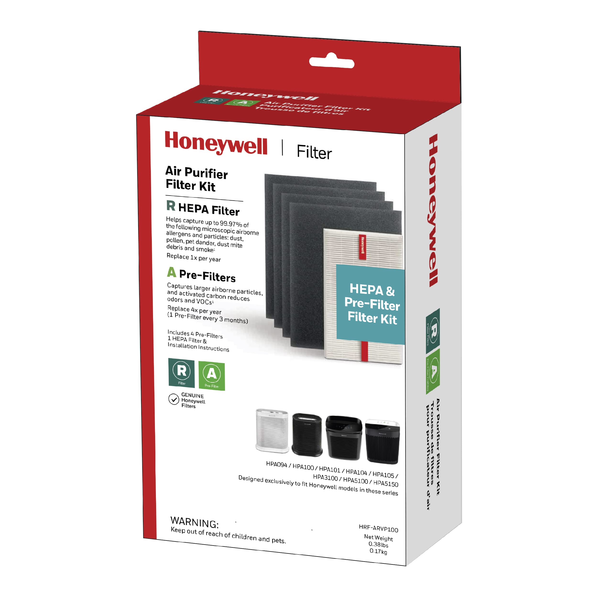 Honeywell Hepa Air Purifier Filter Kit   Includes 1 Hepa R Replacement Filter And 4 A Carbon Pre Cut Pre Filters   Airborne Alle