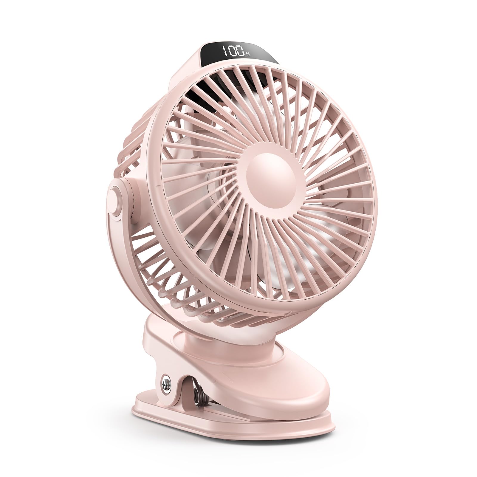 Koonie Portable Clip On Fan, Small USB Battery Operated, 3 Speed Rechargeable Mini Pink With LED Display, 360 Rotate Personal Co