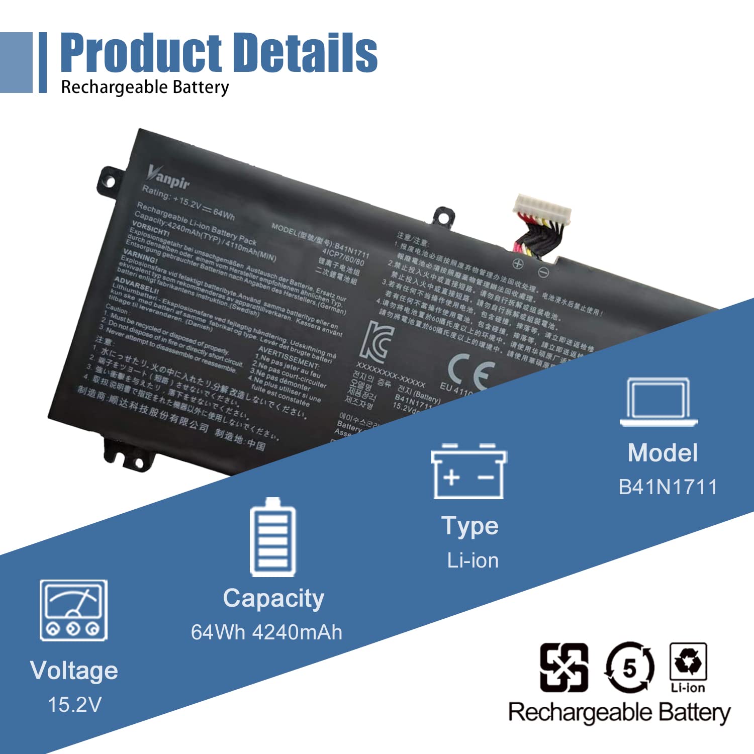 Vanpir B41N1711 Laptop Battery, 15.2V 64Wh 4240Mah Compatible With Asus Fx503Vm Fx63Vd Fx63Vm Gl703Ge Es73 Gl703Vd 1A Rog Strix